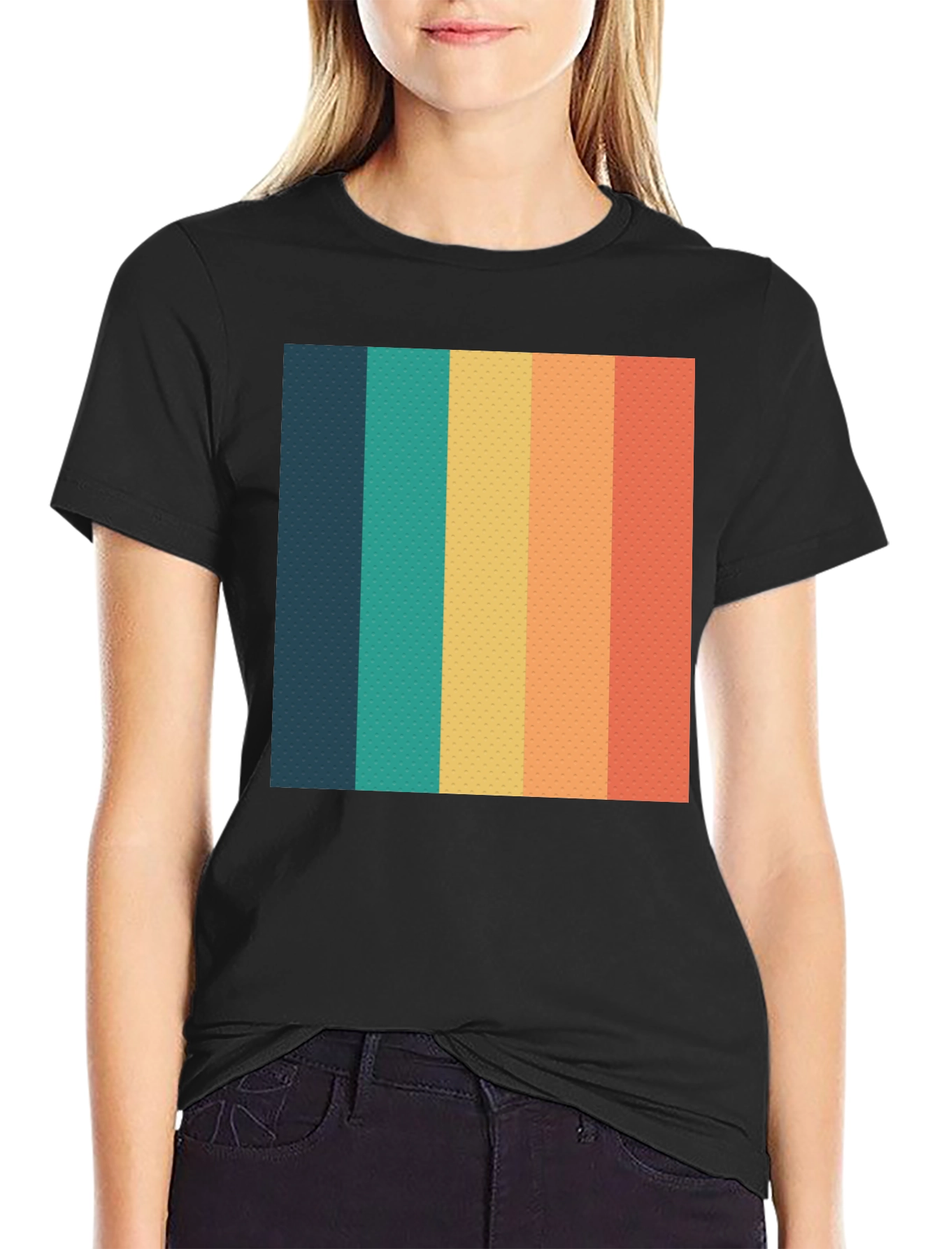 Black Retro Striped T-Shirt - Black Crew Neck Tee view 2