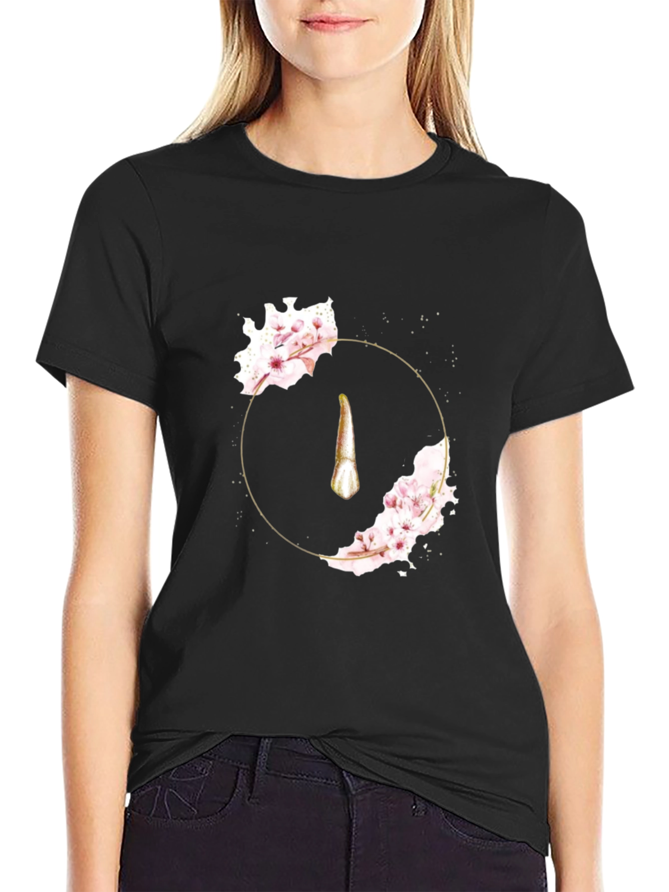 Black Floral Tooth Graphic Tee - Artistic Dental Fashion view 2