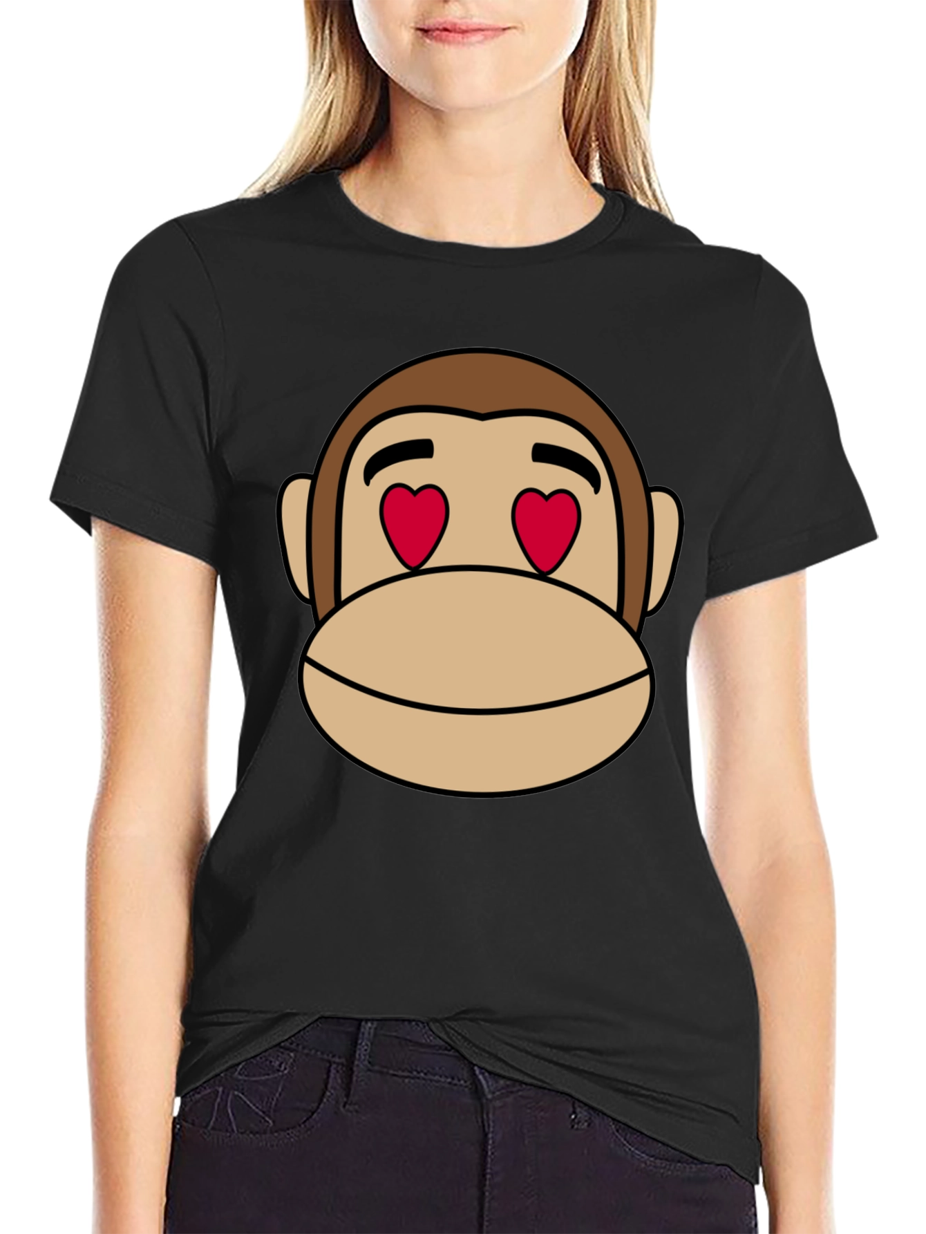 Black Monkey Face Heart Eyes T-Shirt - Black Cotton view 2