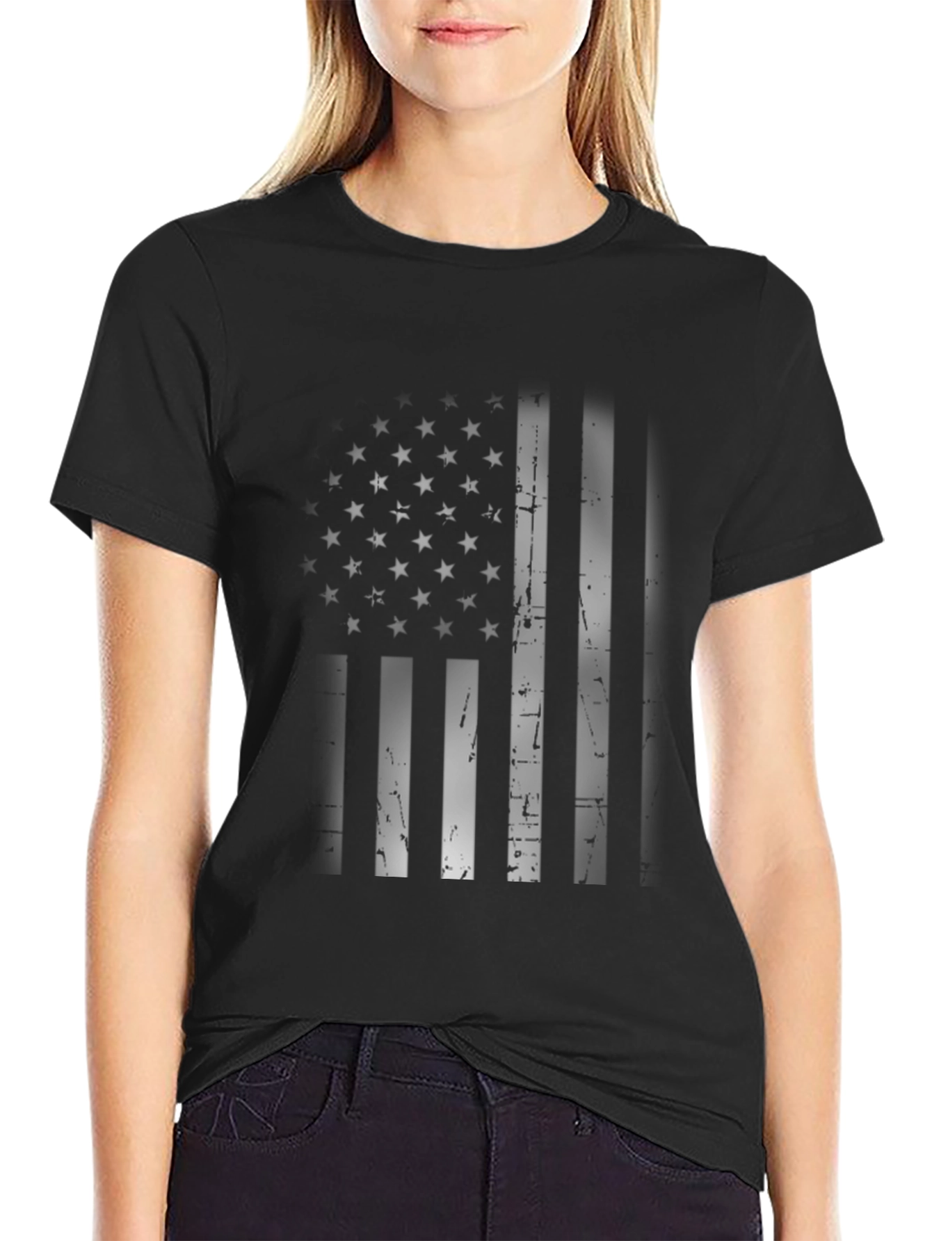 Black American Flag Distressed Graphic Tee - Black view 2