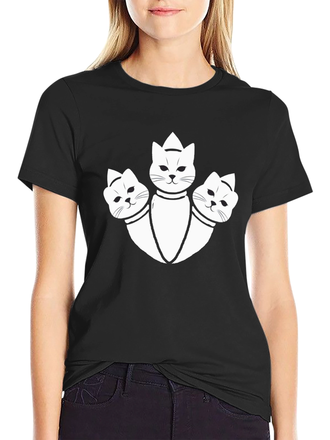 Black Three-Headed Cat Graphic Tee - Unique Design view 2