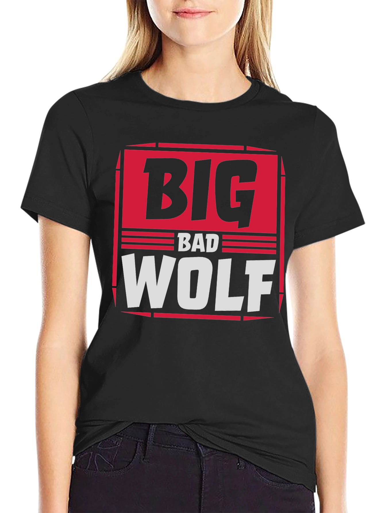 Black Big Bad Wolf Graphic Print T-Shirt view 2