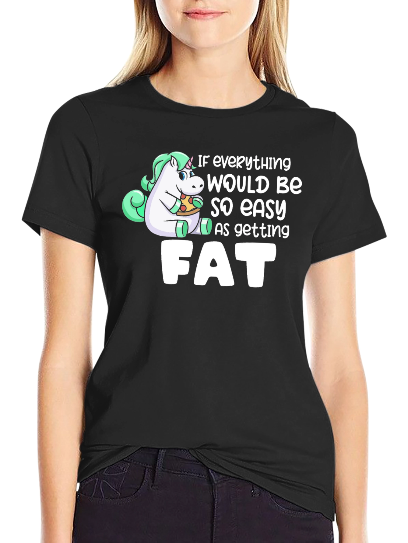 Black Unicorn Pizza Fat Funny T-Shirt view 2