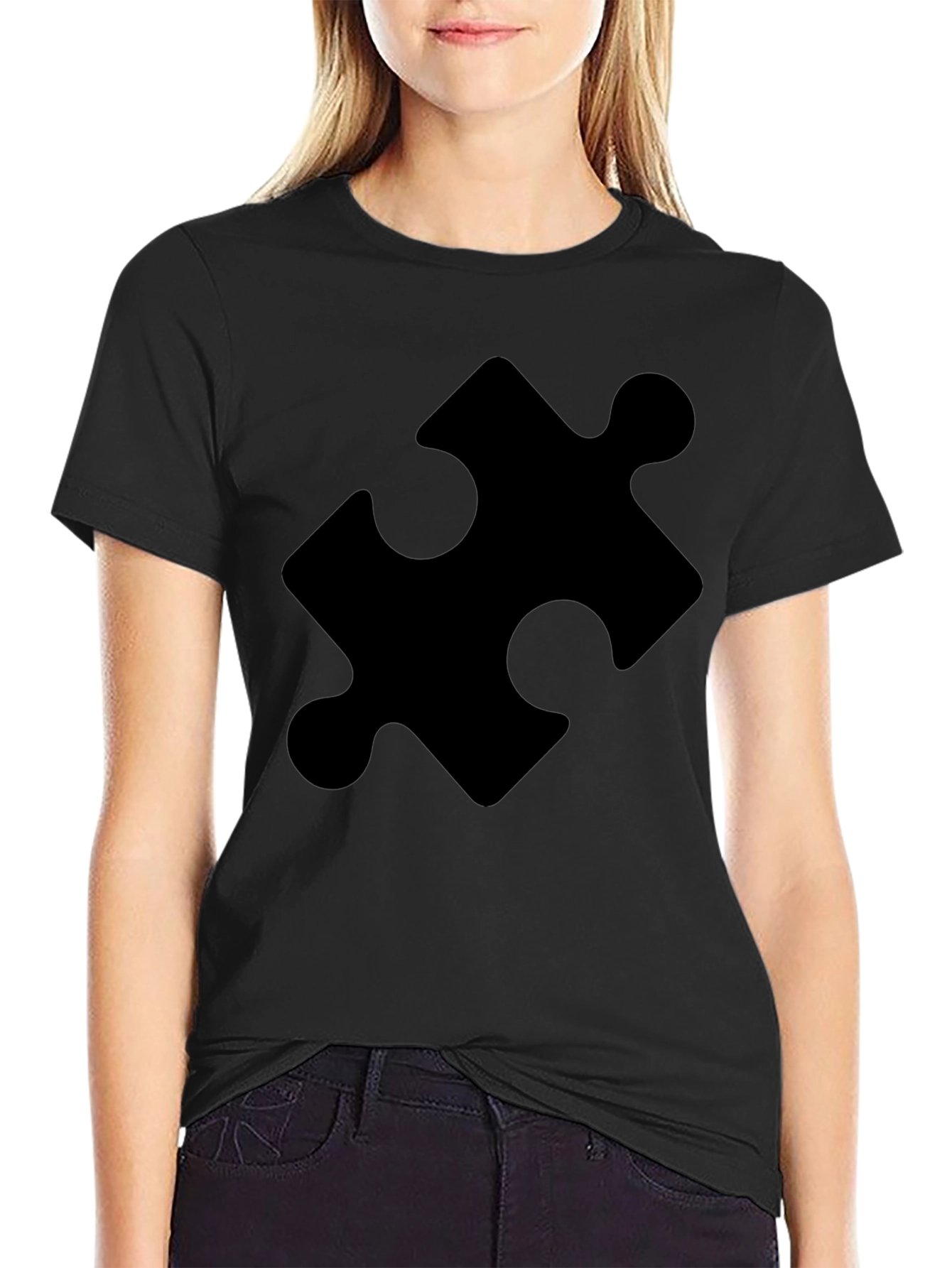 Black Puzzle Piece Graphic Tee - Classic Black Cotton T-Shirt view 2