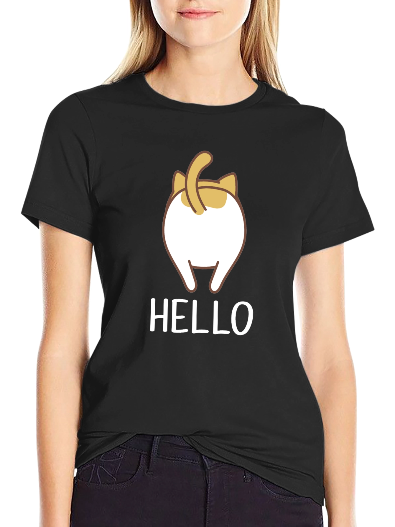 Black Funny Cat Butt T-Shirt - Hello! view 2