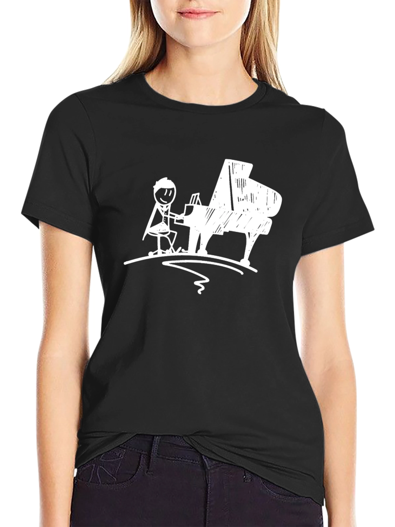 Black Piano Player Graphic T-Shirt - Black Cotton Tee view 2