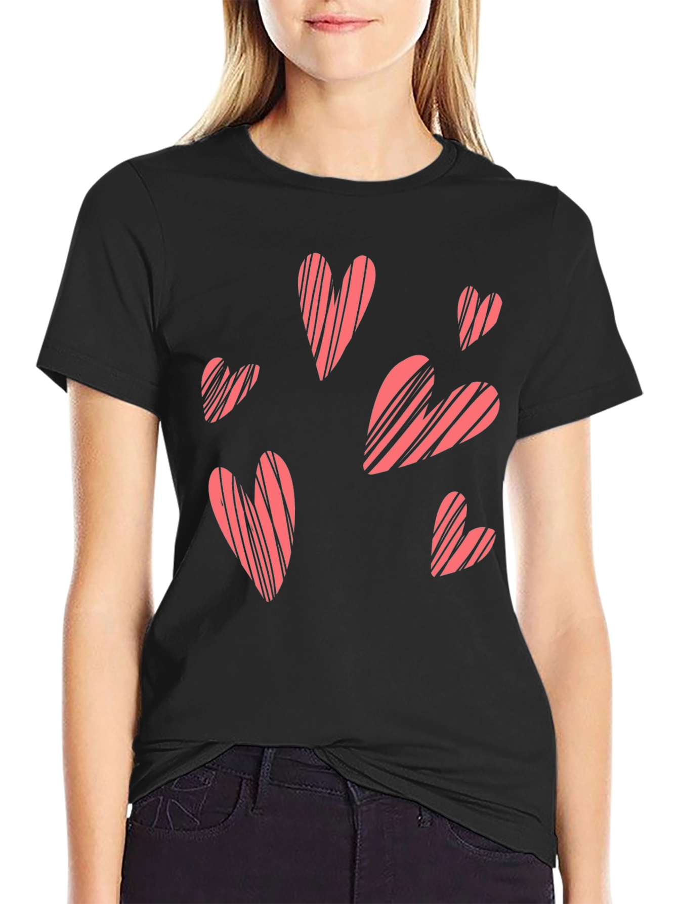 Black Heart Patterned Crew Neck T-Shirt view 2