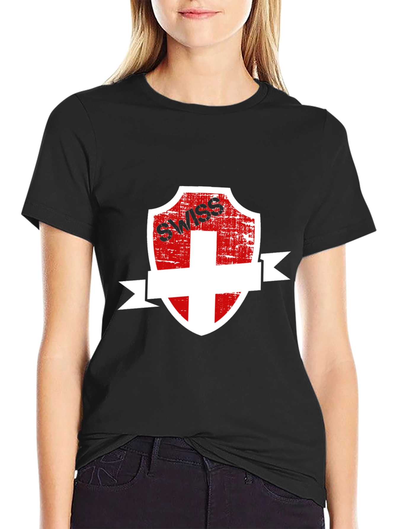 Black Swiss Shield Graphic Tee - Black Cotton T-Shirt view 2