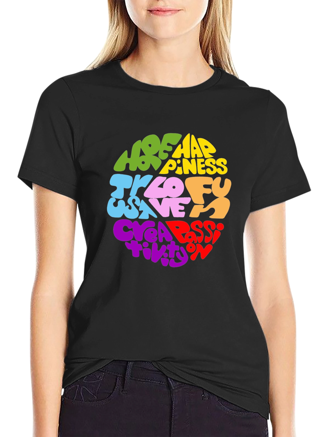 Black Colorful Word Art Graphic Print T-Shirt view 2