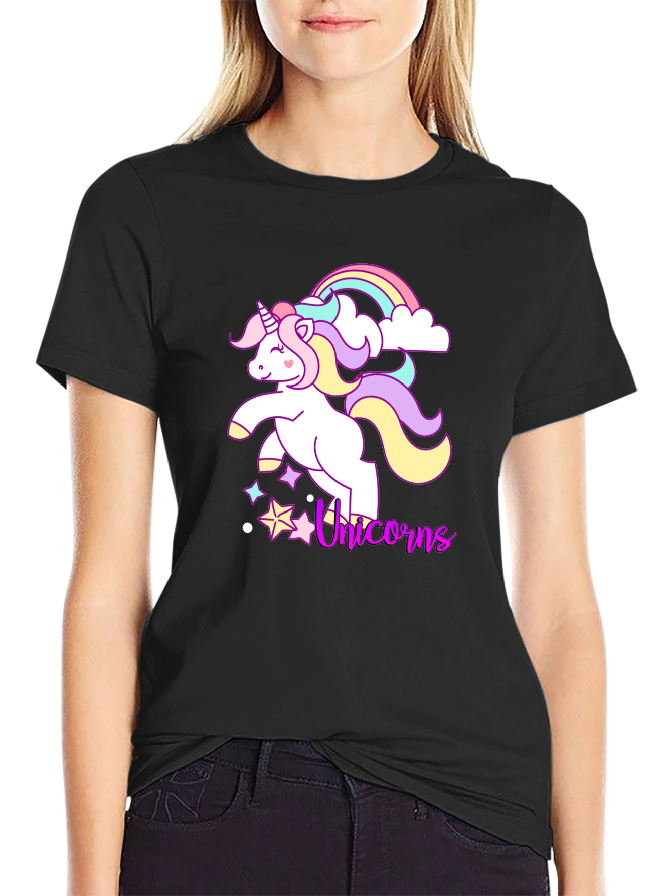 Black Unicorn Rainbow Graphic Tee - Black Cotton Casual Shirt view 2
