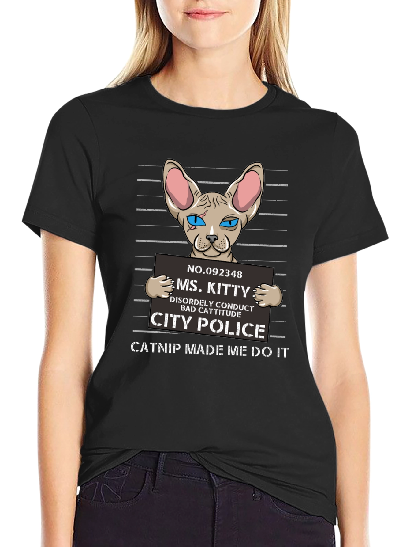 Black Cat Mugshot T-Shirt - Funny Catnip Tee view 2