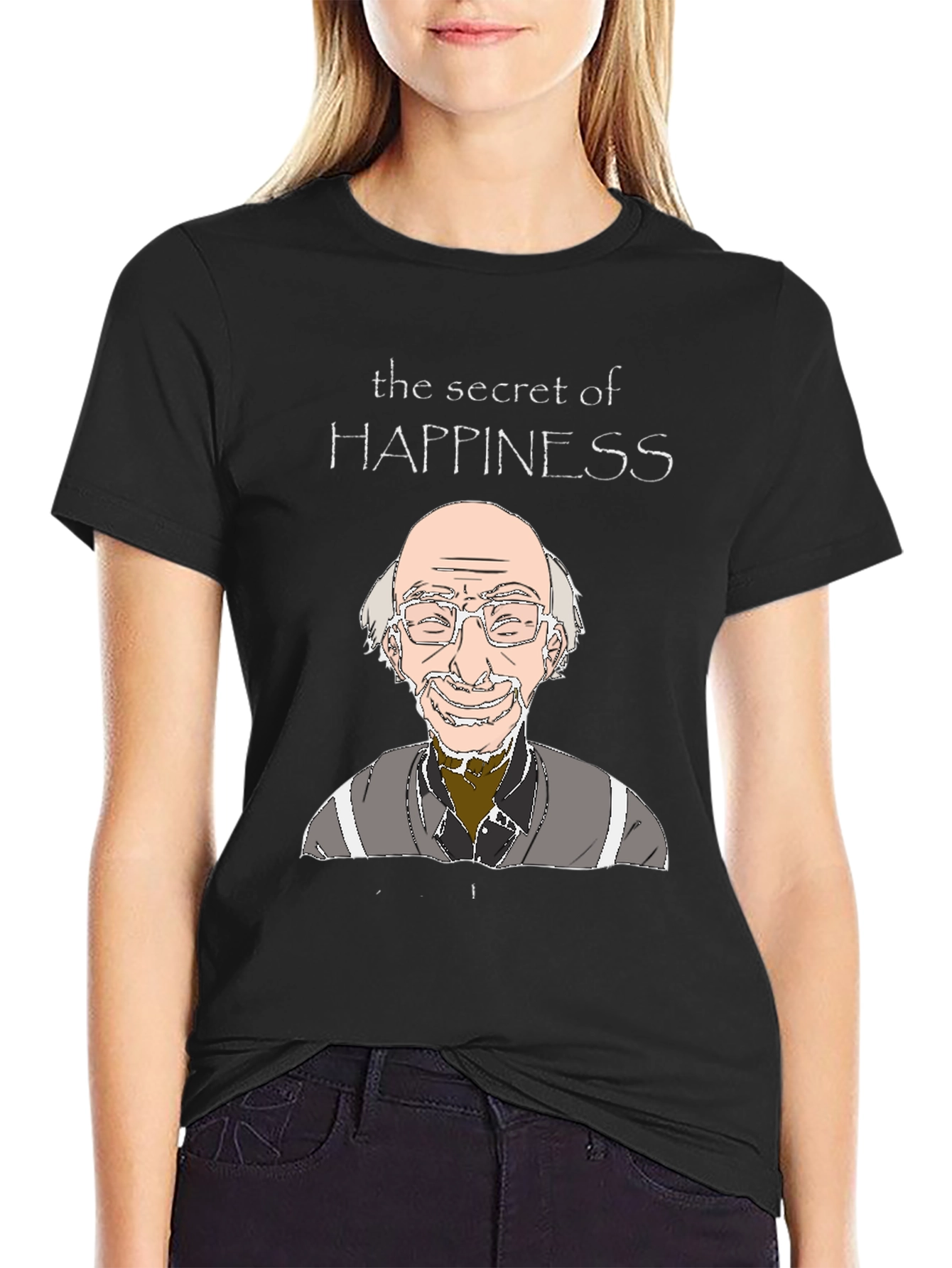 Black Secret of Happiness Cartoon Graphic Tee view 2