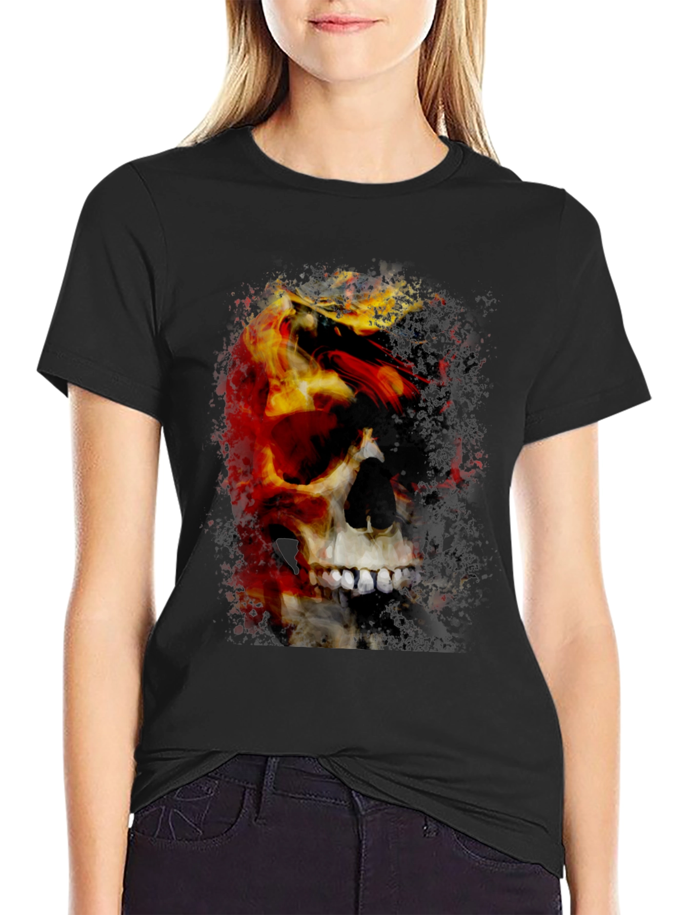 Black Skull & Fire Graphic T-Shirt - Men's Black Tee view 2