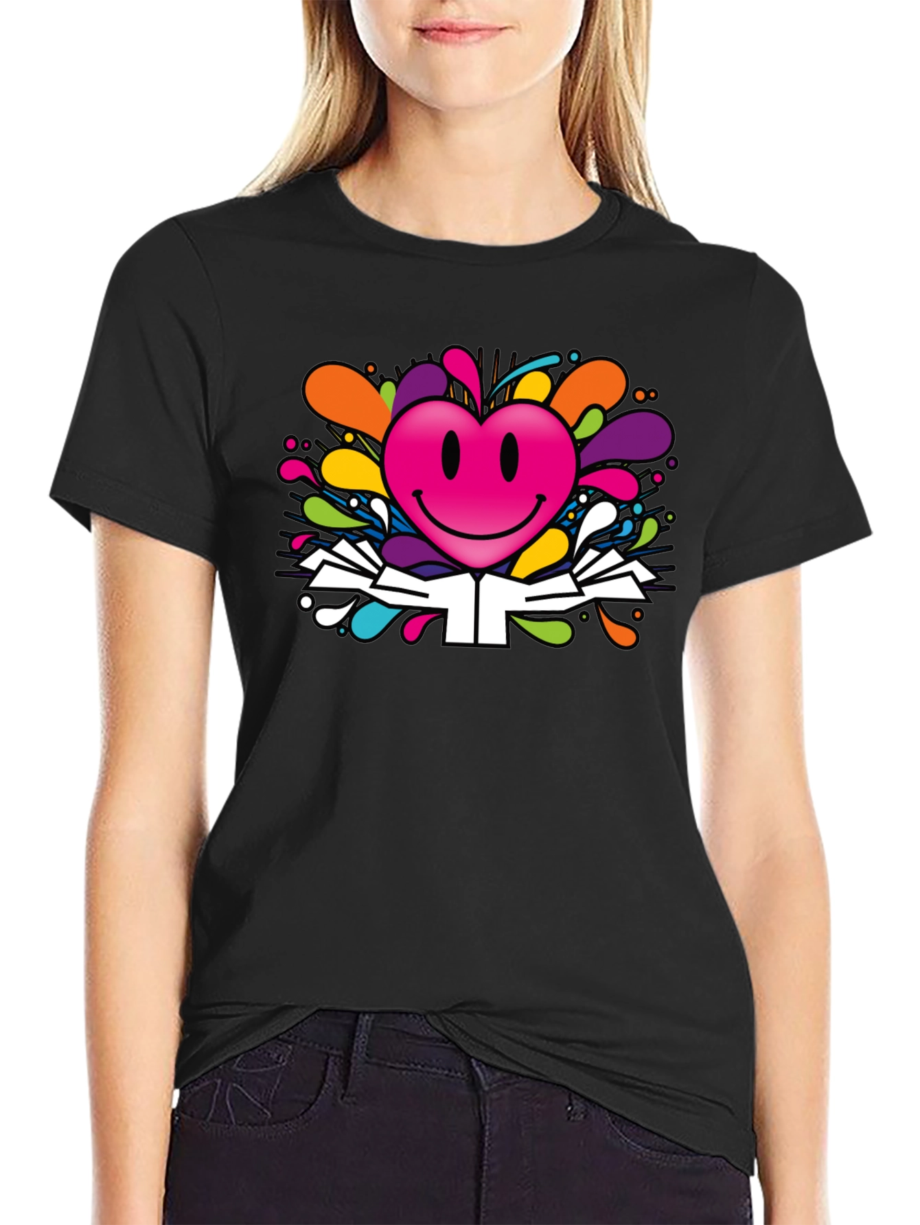 Black Smiley Heart Graphic Tee - Colorful Fun Design view 2