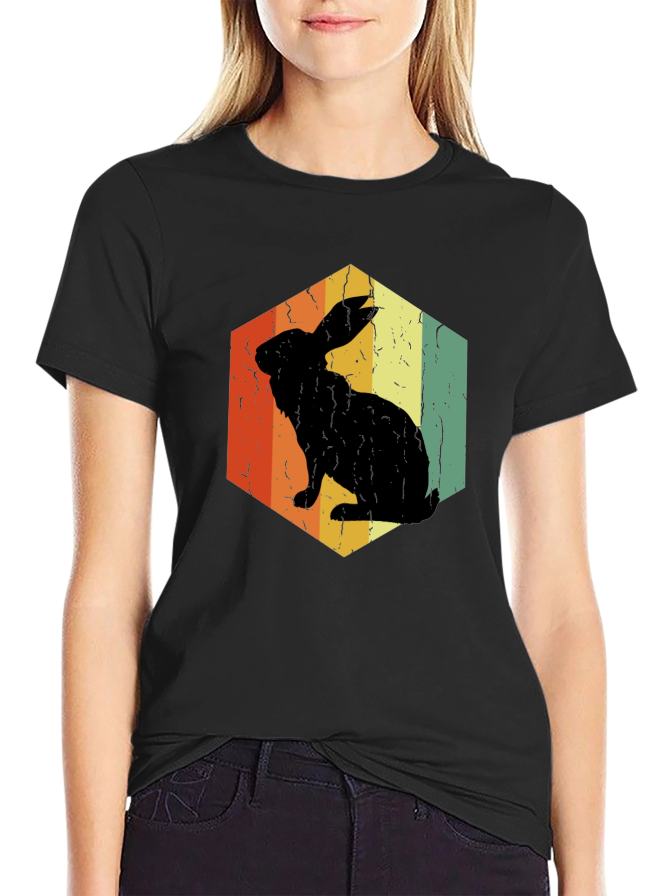 Black Retro Rabbit Hexagon Graphic T-Shirt view 2