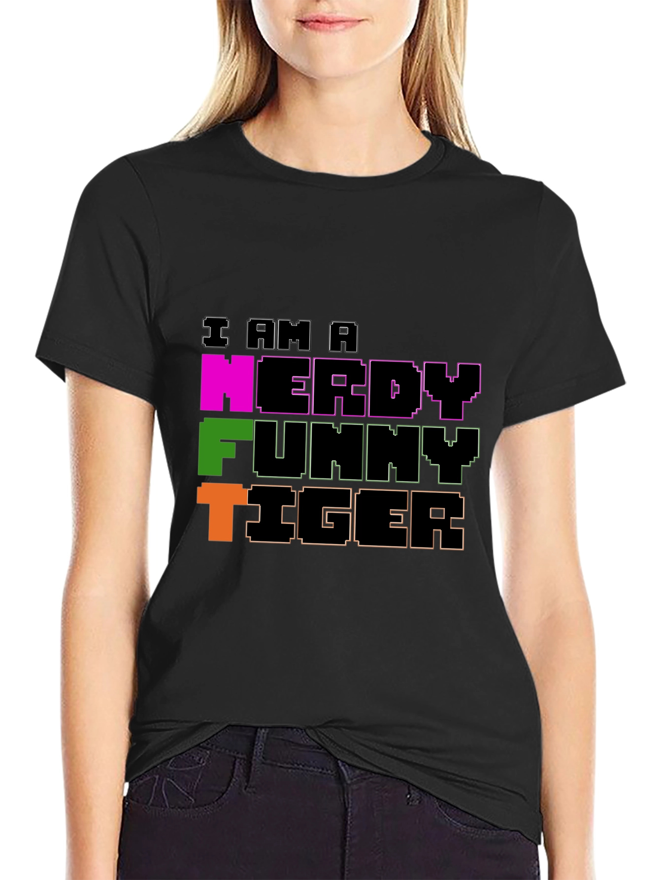Black Nerdy Funny Tiger Graphic Tee - Black Crew Neck view 2