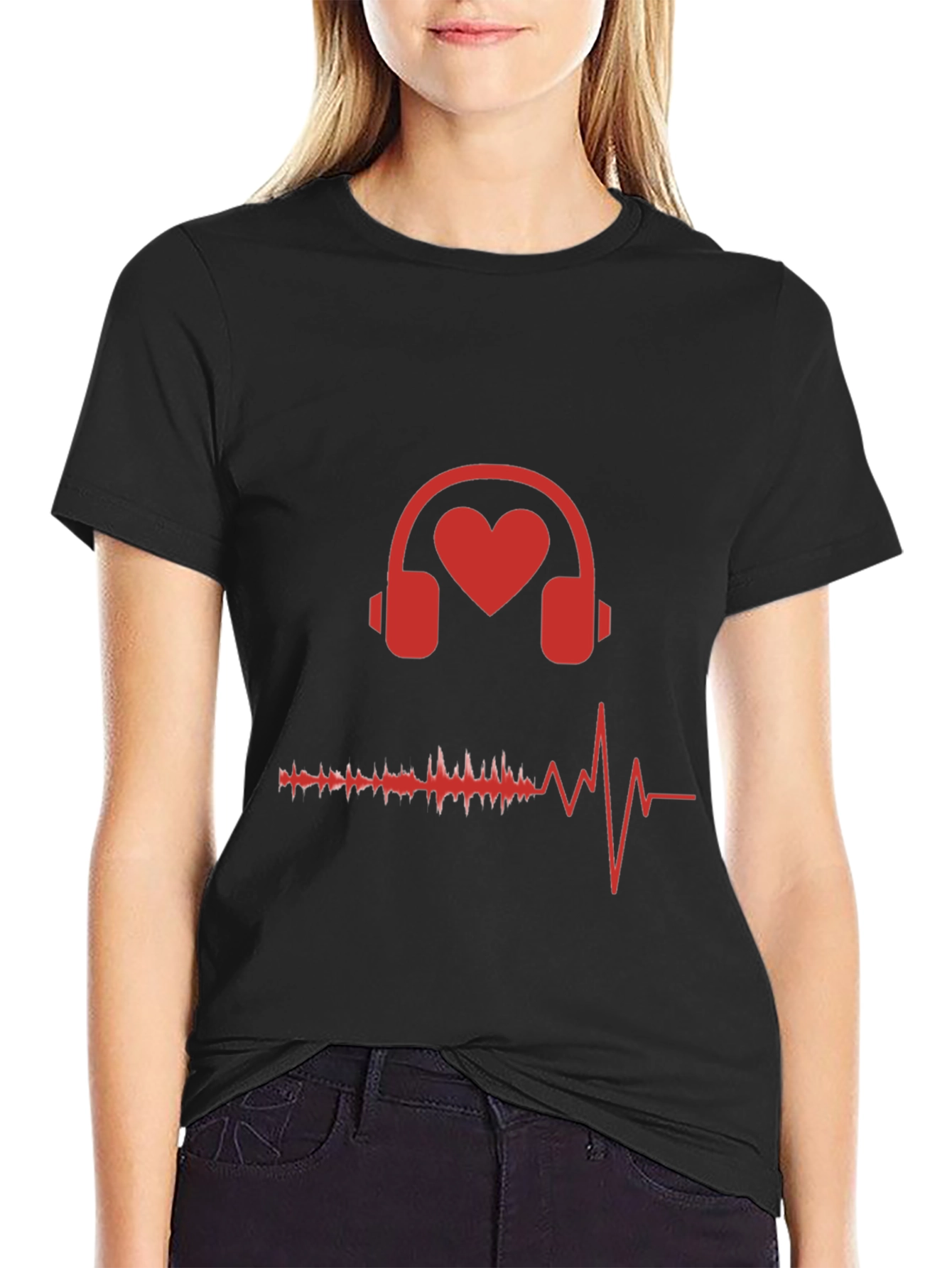 Black Heart Headphones Graphic Tee - Music Lover Shirt view 2