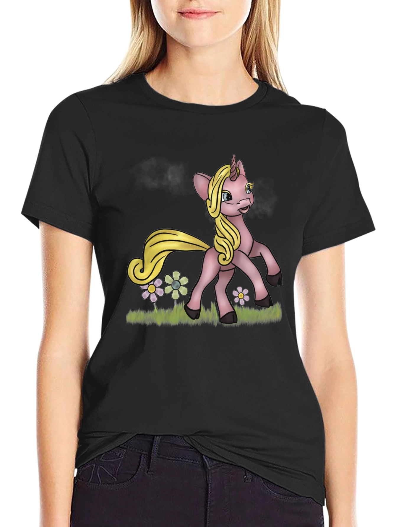 Black Unicorn Graphic T-Shirt - Whimsical Cartoon Design view 2