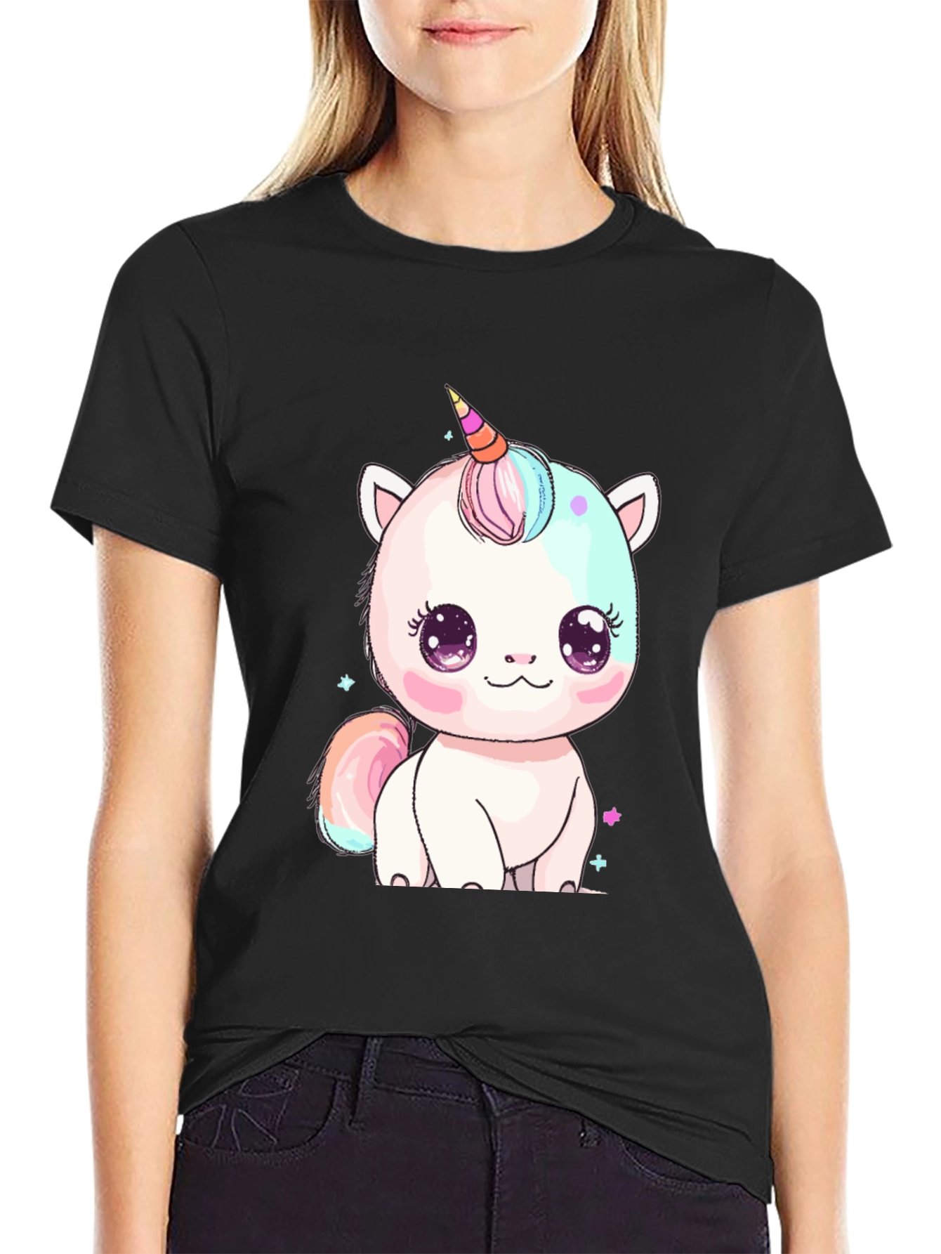 Black Cute Kawaii Unicorn Graphic Tee - Black view 2