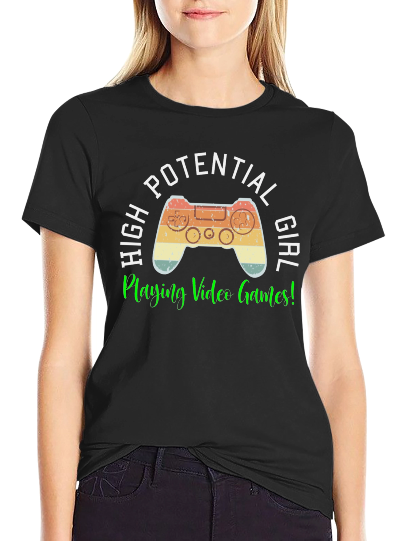Black High Potential Girl Gamer T-Shirt - Retro Controller Design view 2