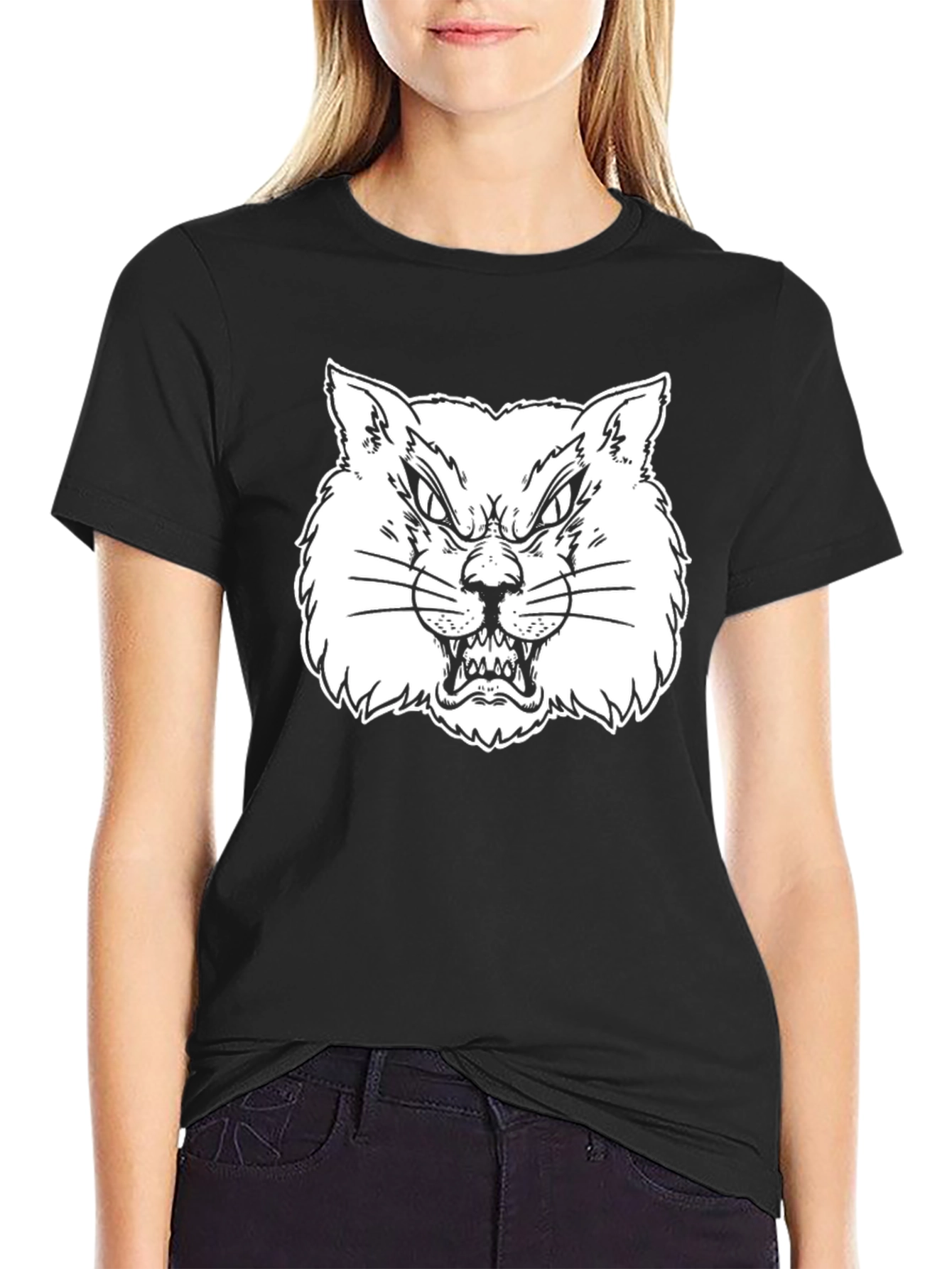 Black Men's Black T-Shirt with Angry Cat Graphic view 2
