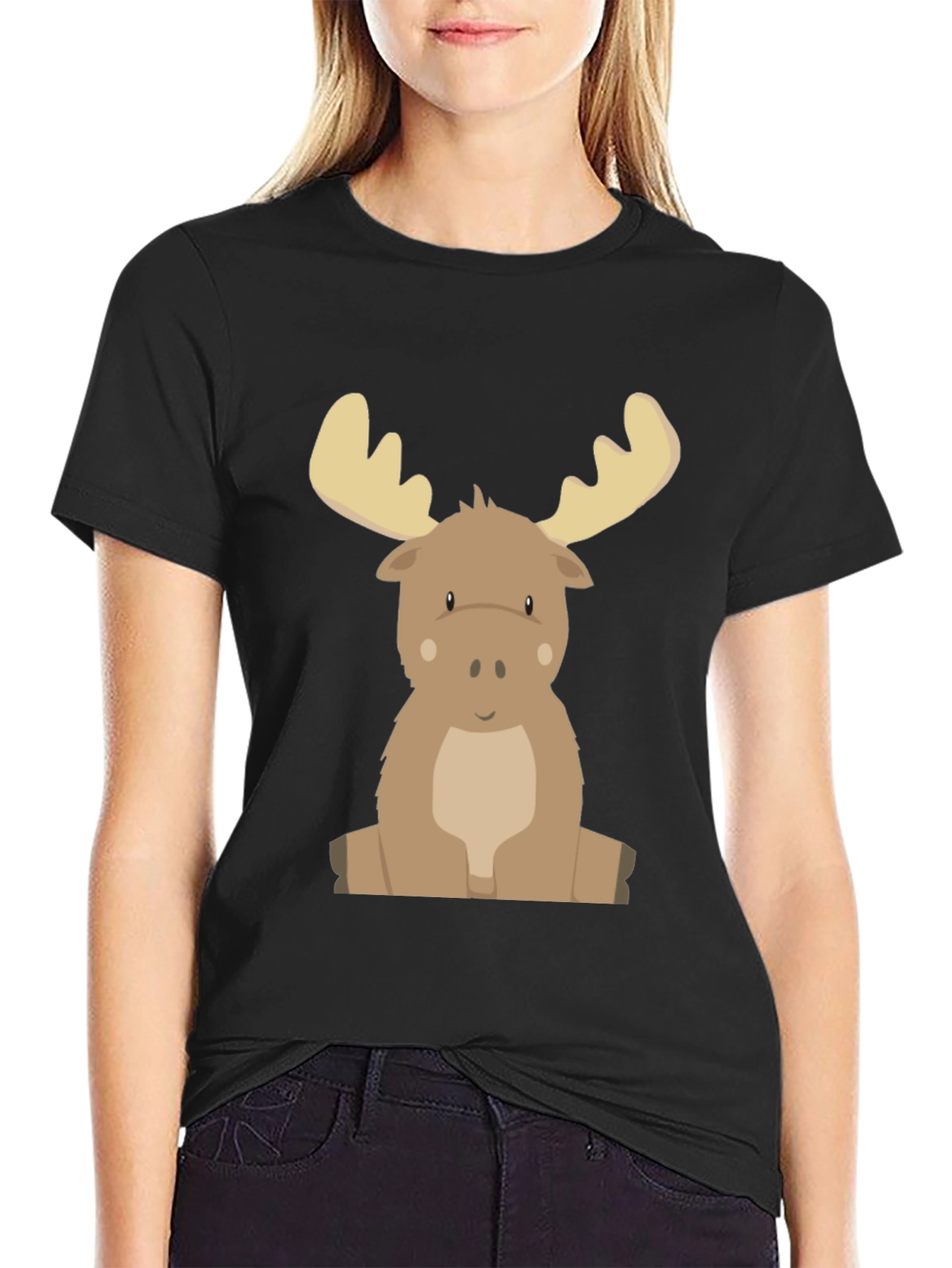 Black Cute Cartoon Moose Graphic Tee - Black view 2