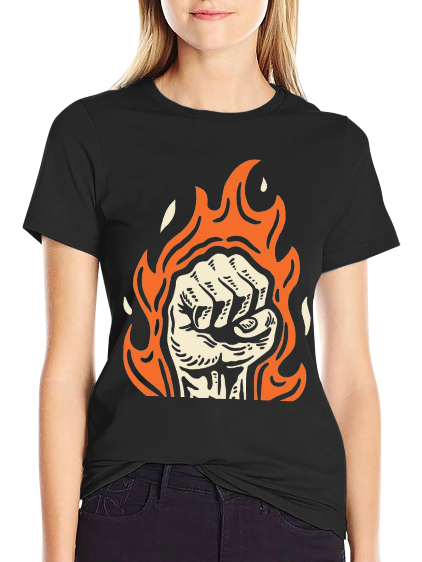 Black Fiery Fist Graphic Tee - Black Cotton view 2