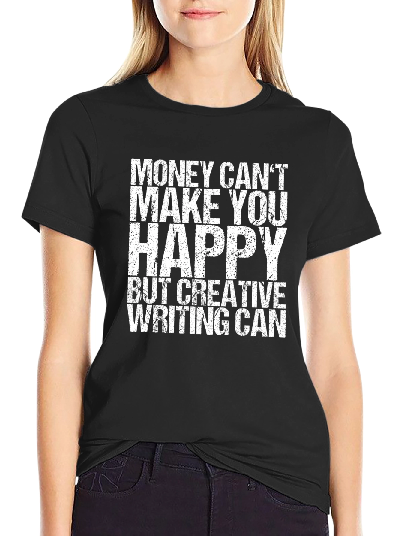 Black Creative Writing T-Shirt - Money Can't Buy Happiness view 2