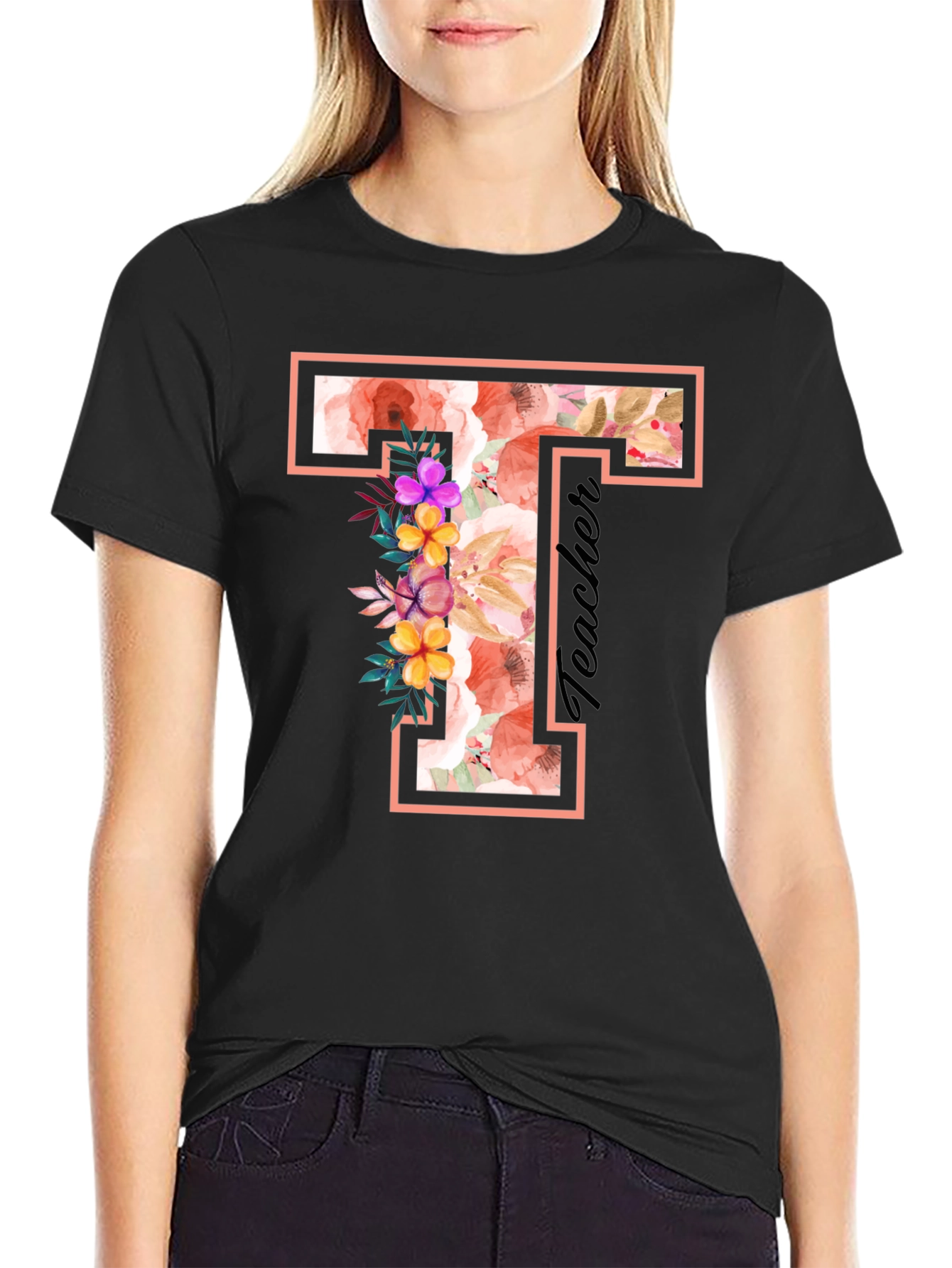 Black Floral T Teacher T-Shirt view 2
