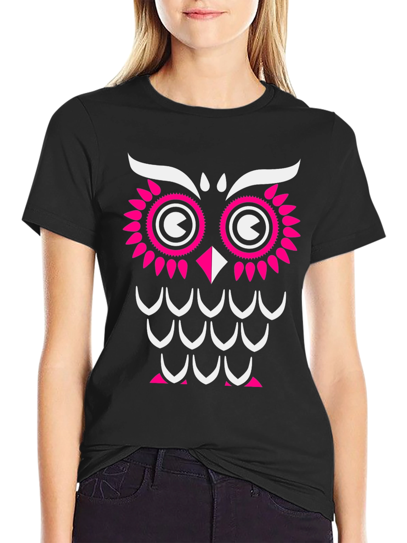 Black Owl Graphic Print T-Shirt - Black with Pink & White Design view 2