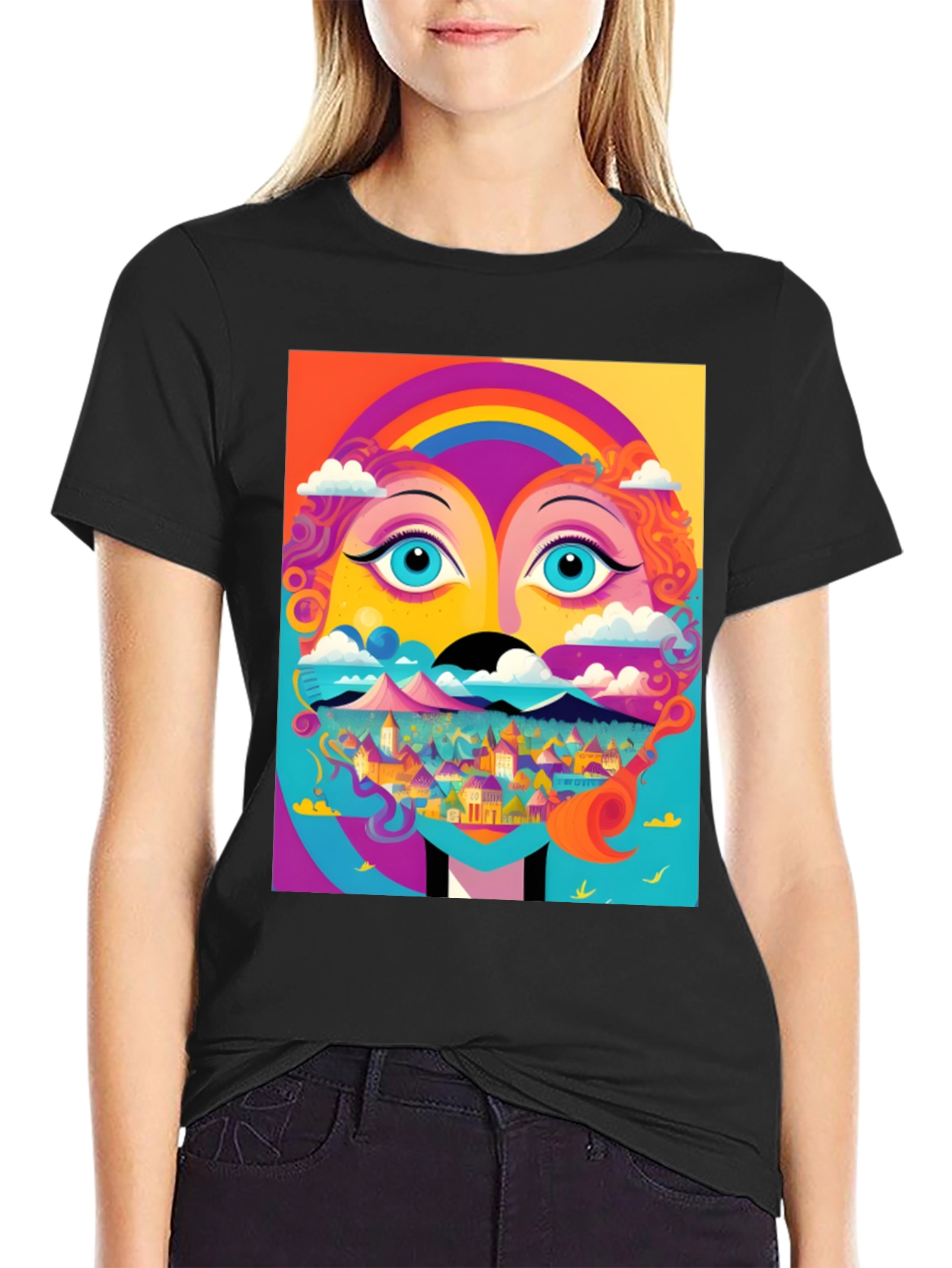 Black Vibrant Psychedelic Face Graphic T-Shirt view 2