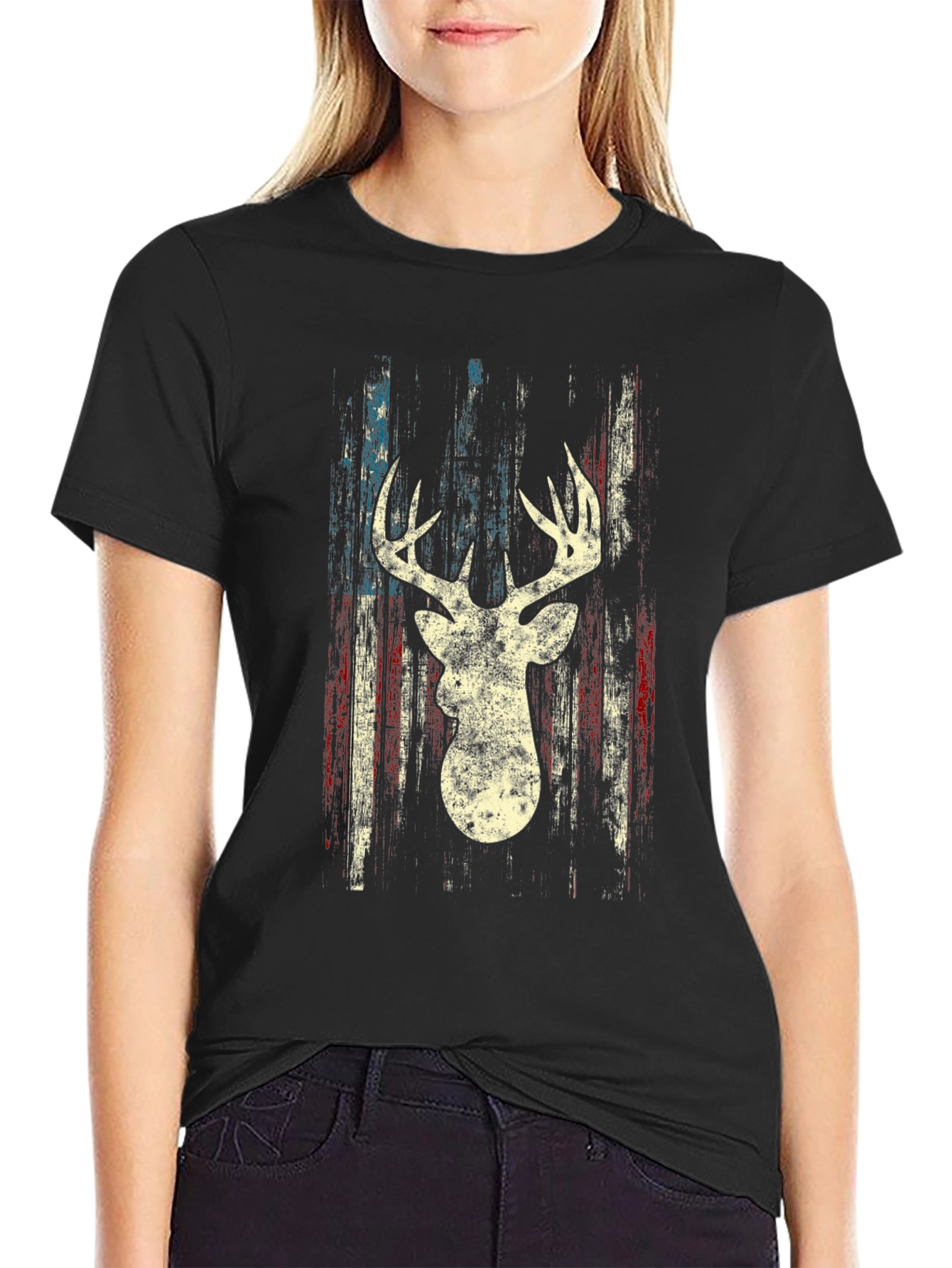 Black Deer Silhouette American Flag Graphic Tee view 2