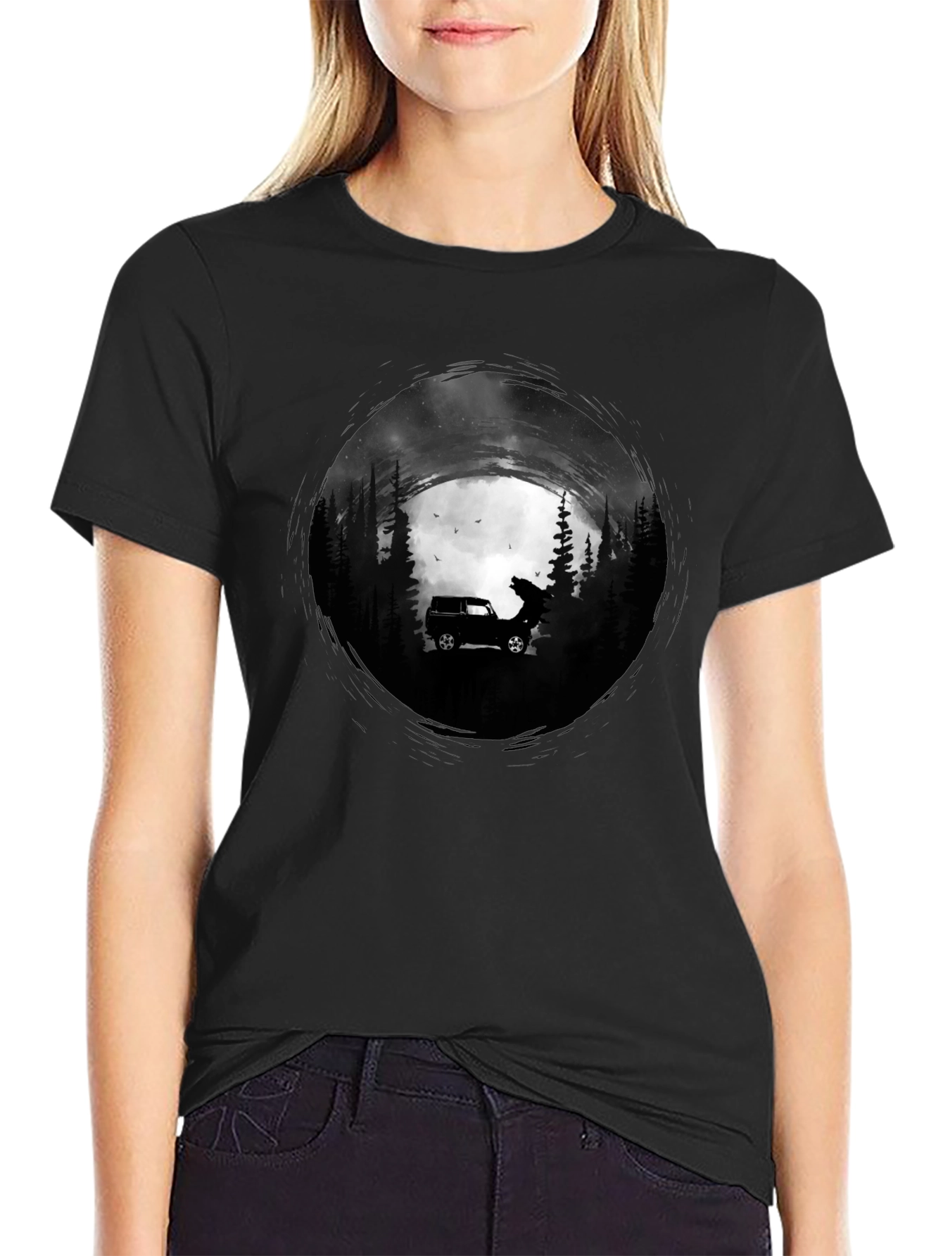 Black Men's Black T-Shirt with Car and Wolf Design view 2
