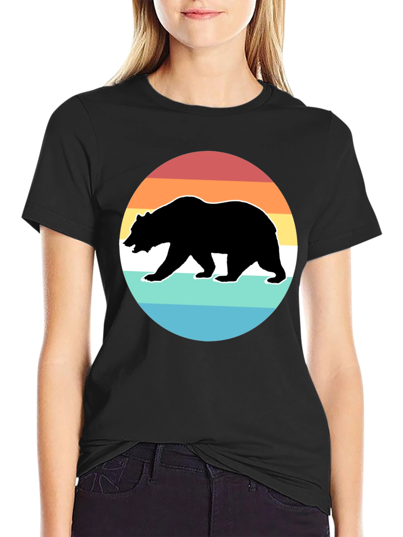 Black Retro Bear Sunset Graphic T-Shirt - Black view 2
