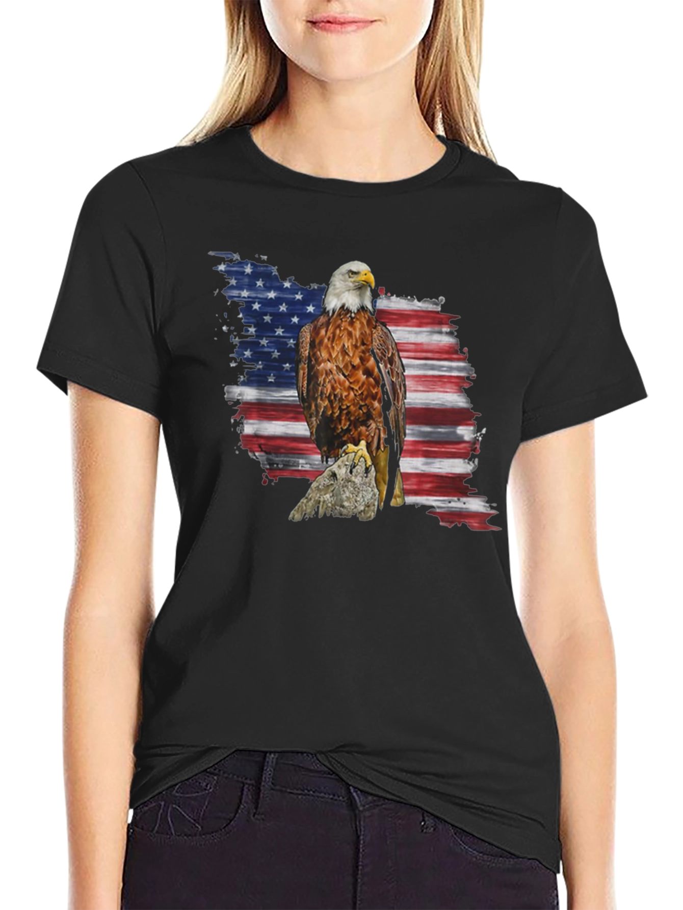 Black American Eagle Flag Graphic Print T-Shirt view 2