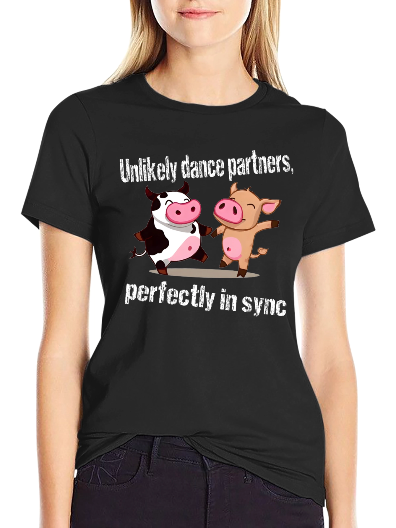 Black Unlikely Dance Partners Tee: Cow and Pig in Sync view 2