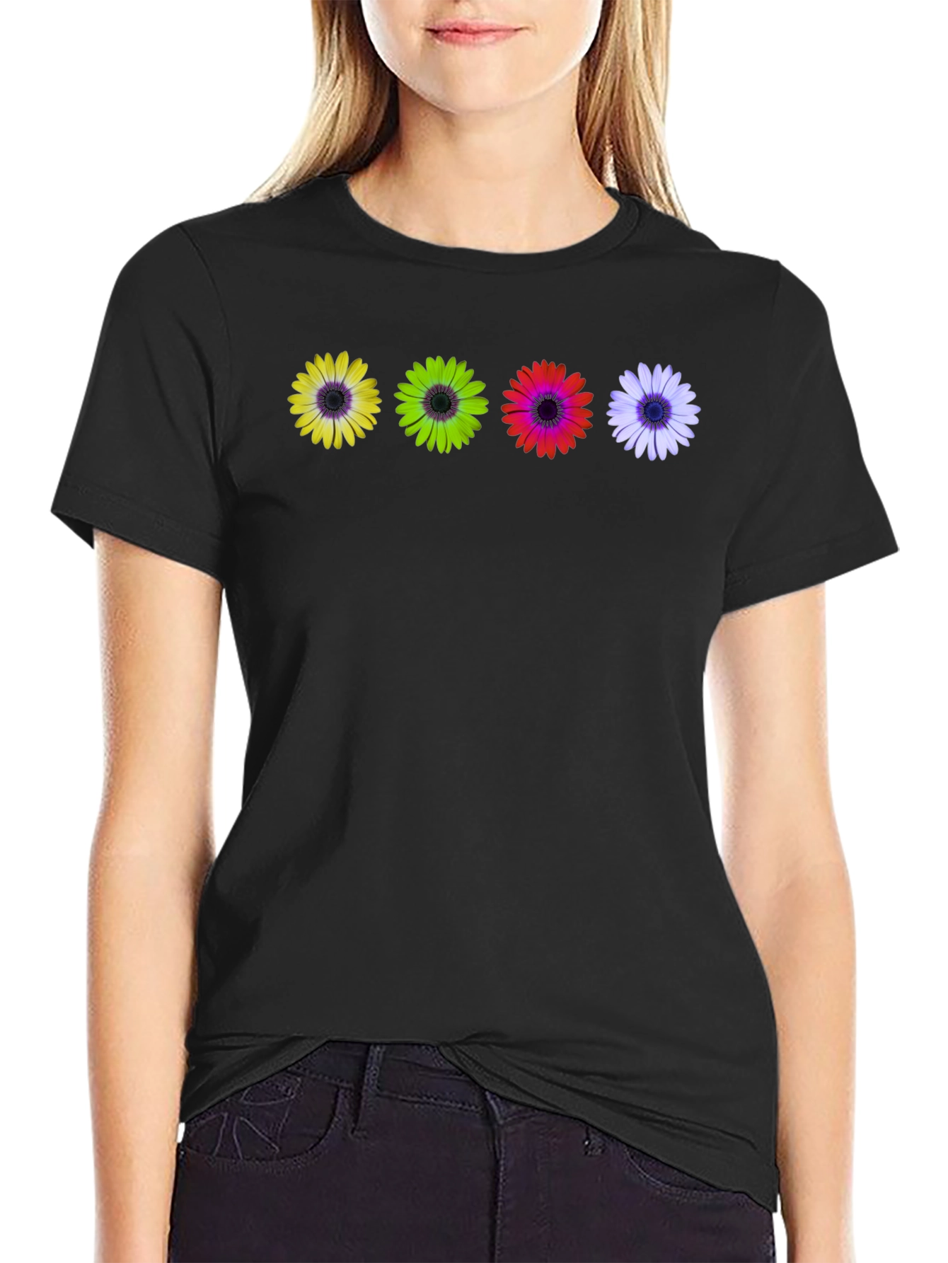 Black Colorful Daisy T-Shirt - Unique Floral Design view 2