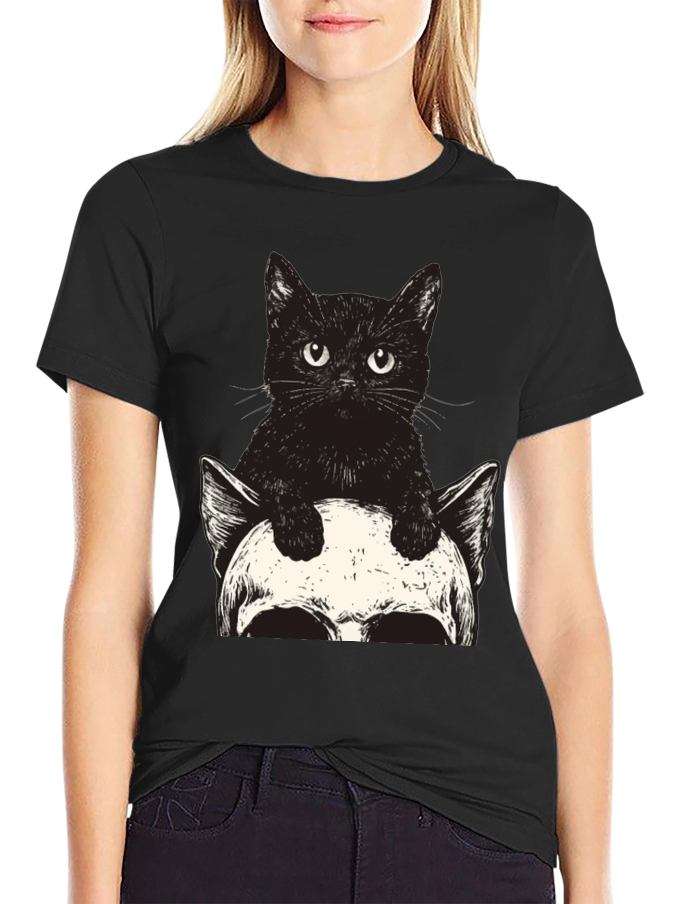 Black Cat & Skull Graphic Tee - Unique Print view 2