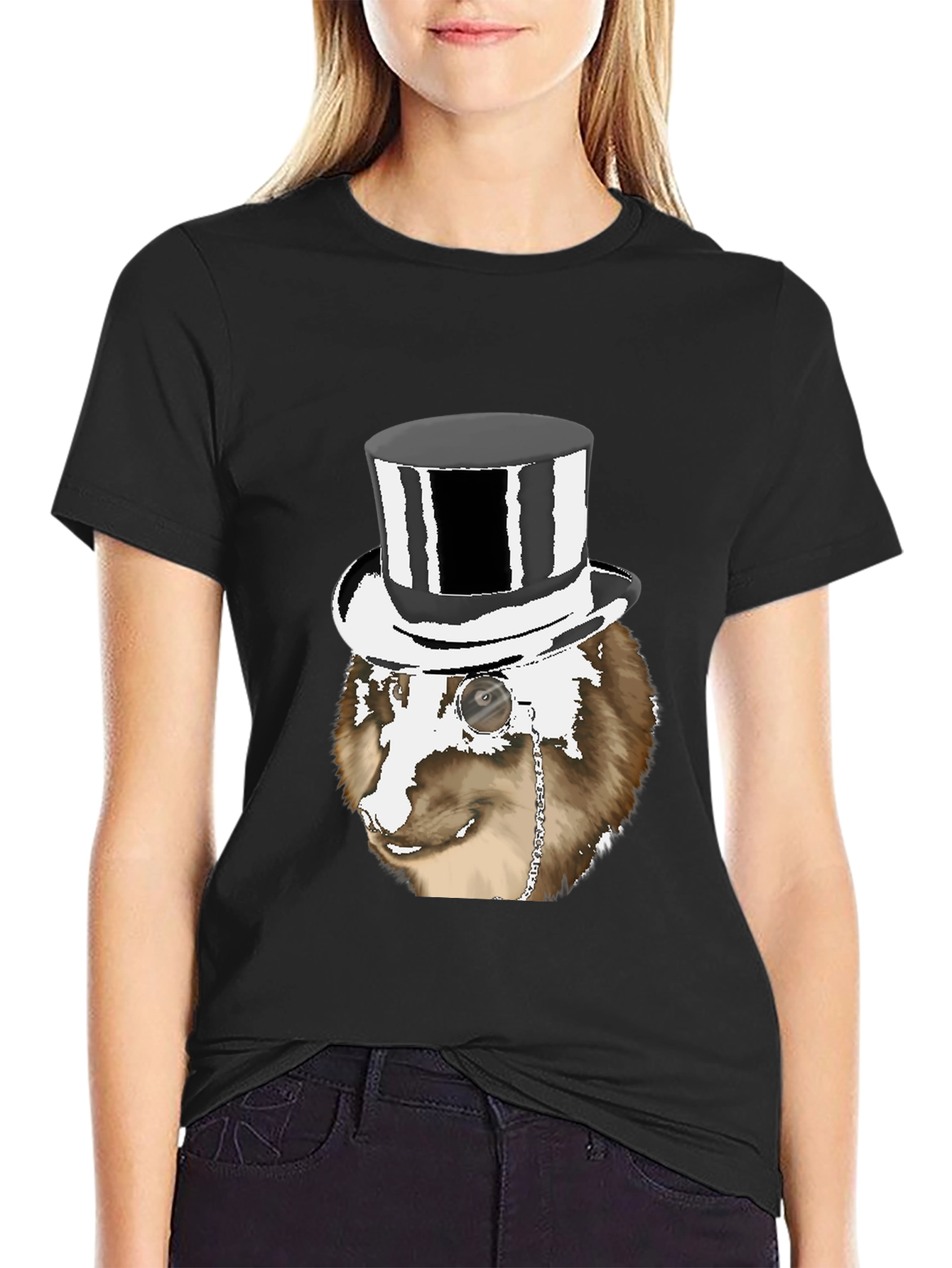 Black Dapper Dog Top Hat T-Shirt - Unique Graphic Tee view 2