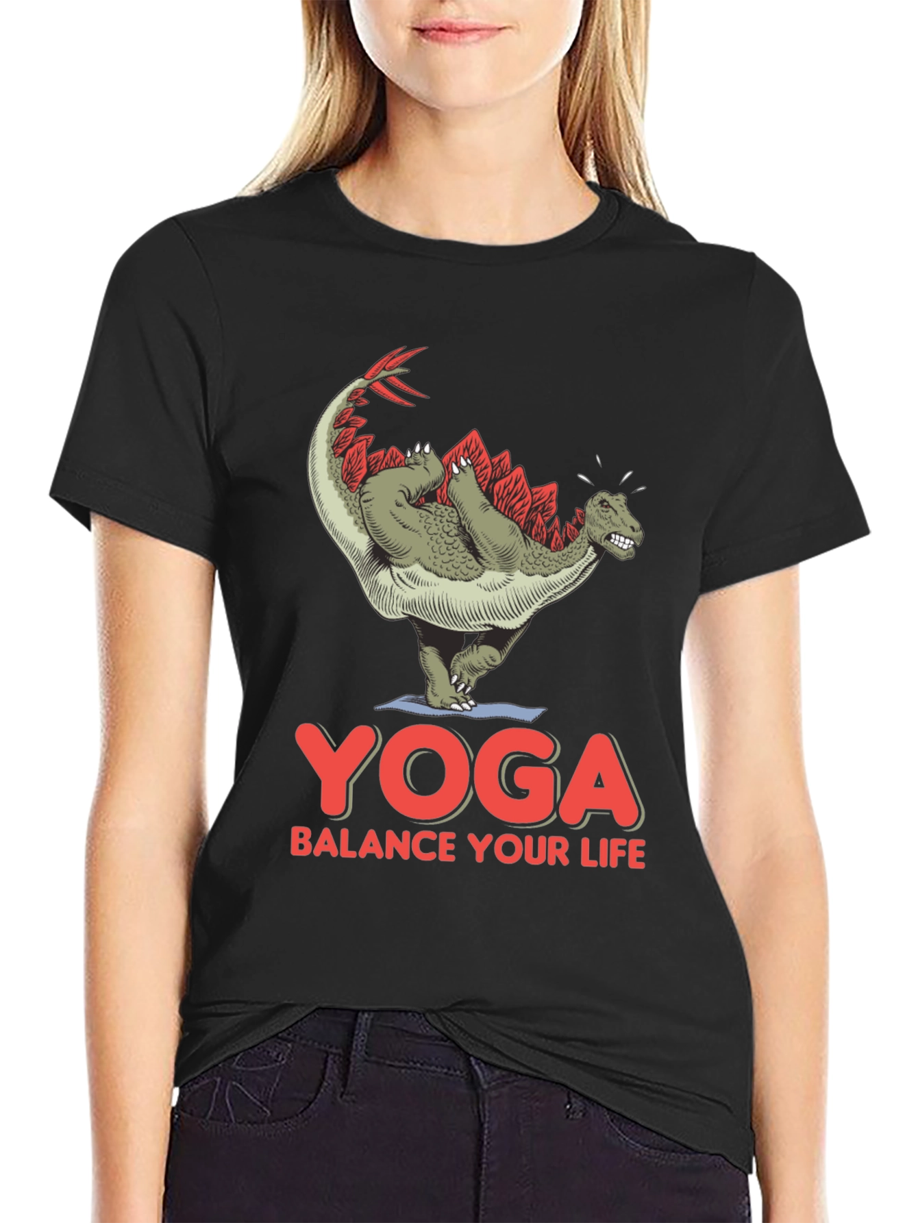 Black Yoga Dinosaur T-Shirt: Balance Your Life Tee view 2