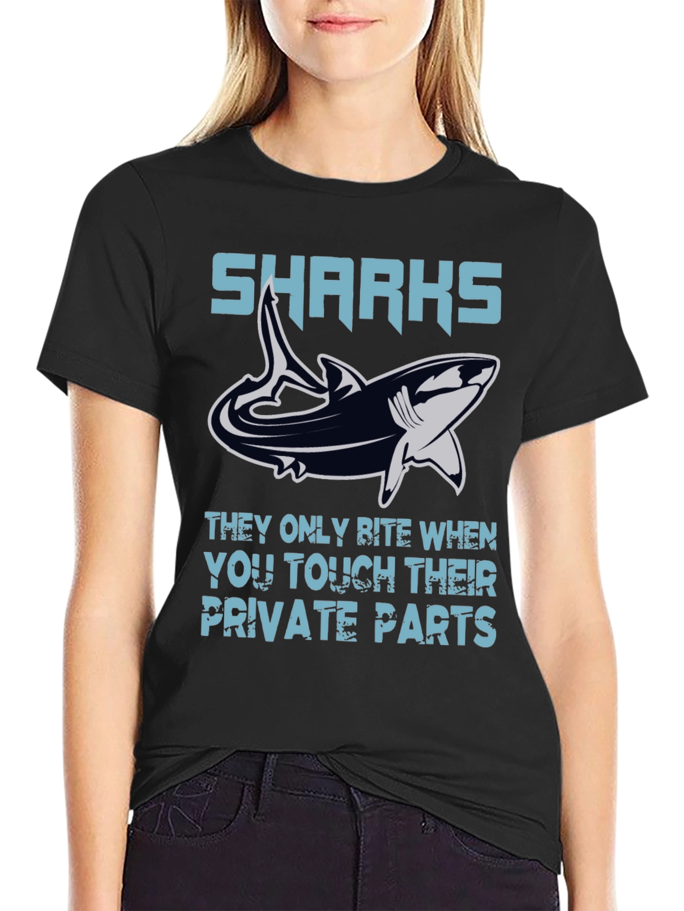 Black Shark Bite Humor Graphic Tee - Black Cotton T-Shirt view 2