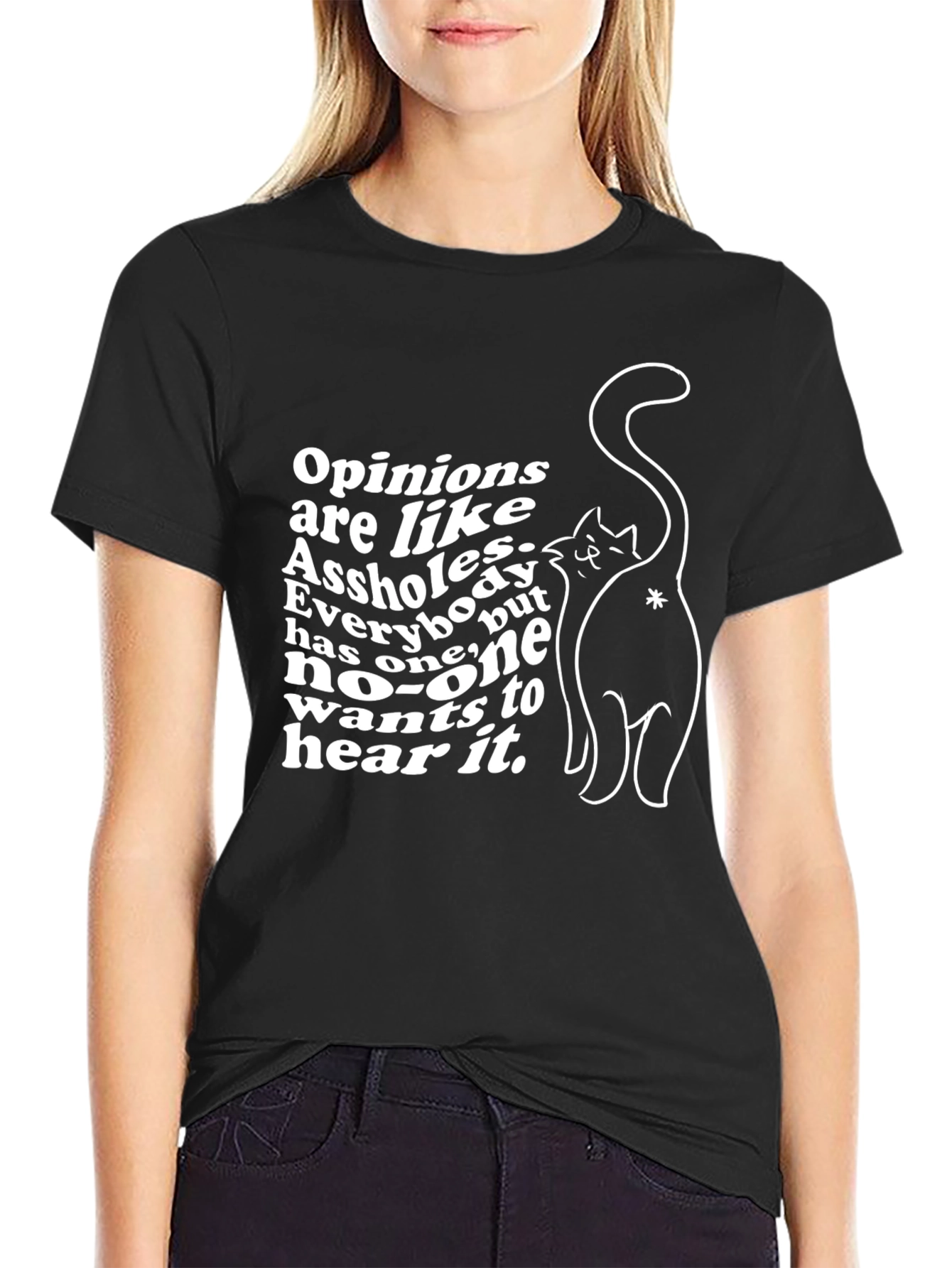 Black Funny Opinion Cat Graphic Tee - Black view 2