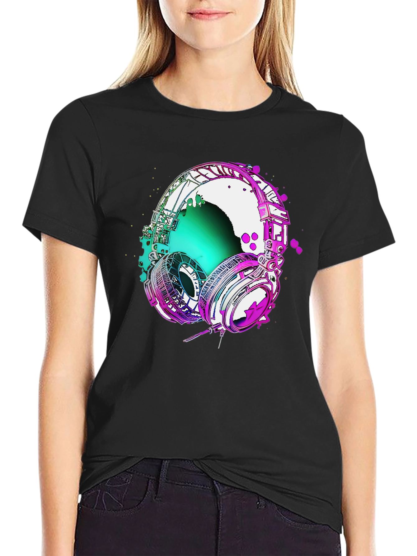 Black Vivid Headphones Graphic Tee - Music Lover's T-Shirt view 2