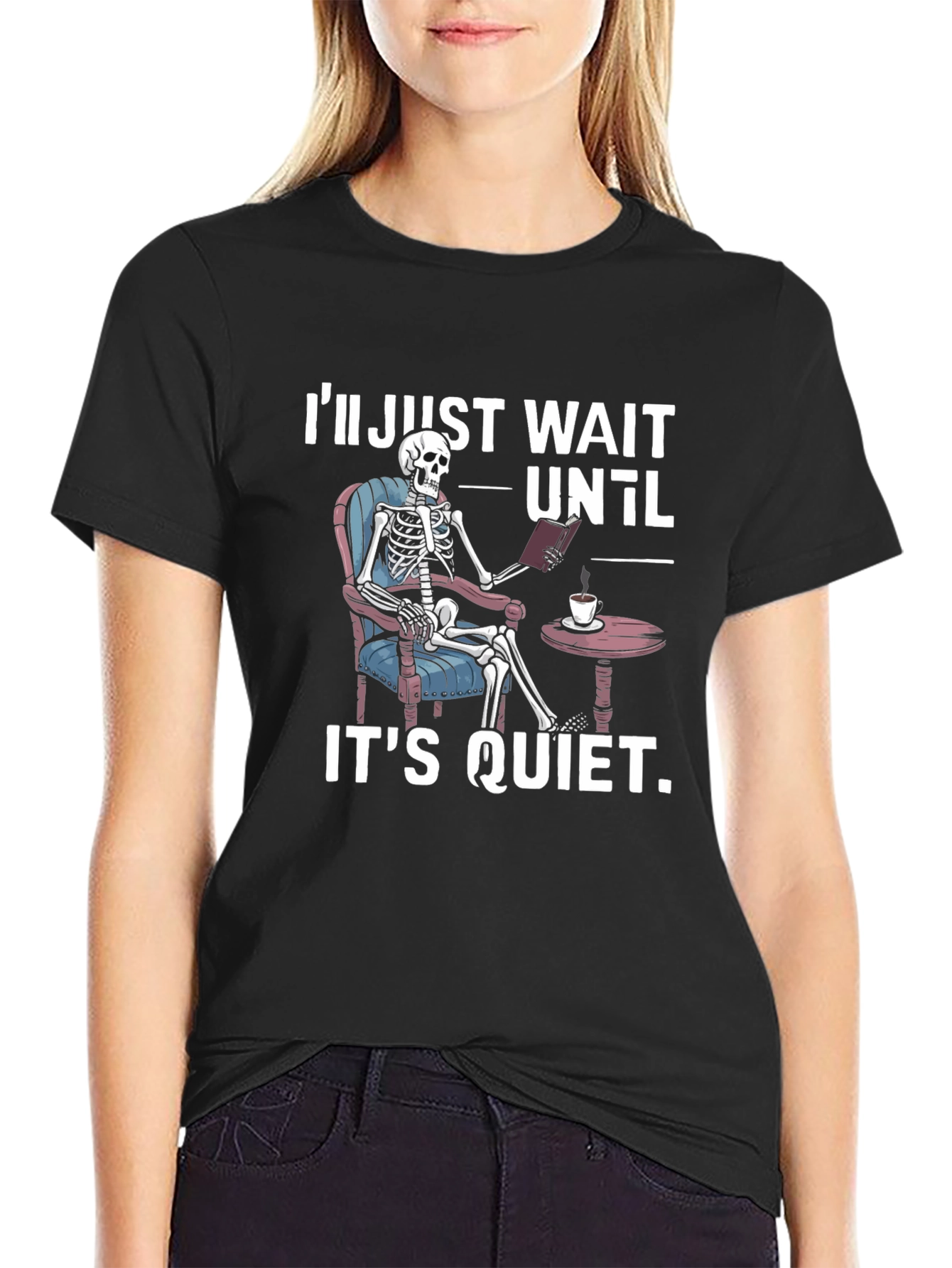 Black Quiet Skeleton Reading T-Shirt view 2