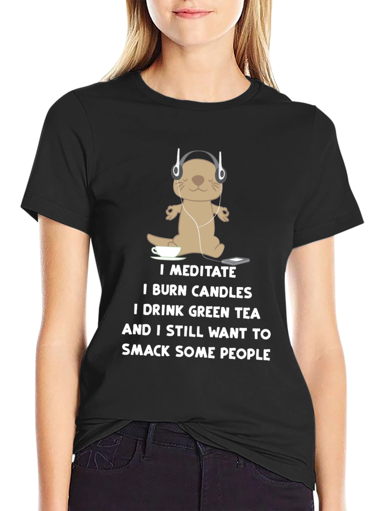 Black Meditate Otter T-Shirt: Funny Yoga Tee view 2
