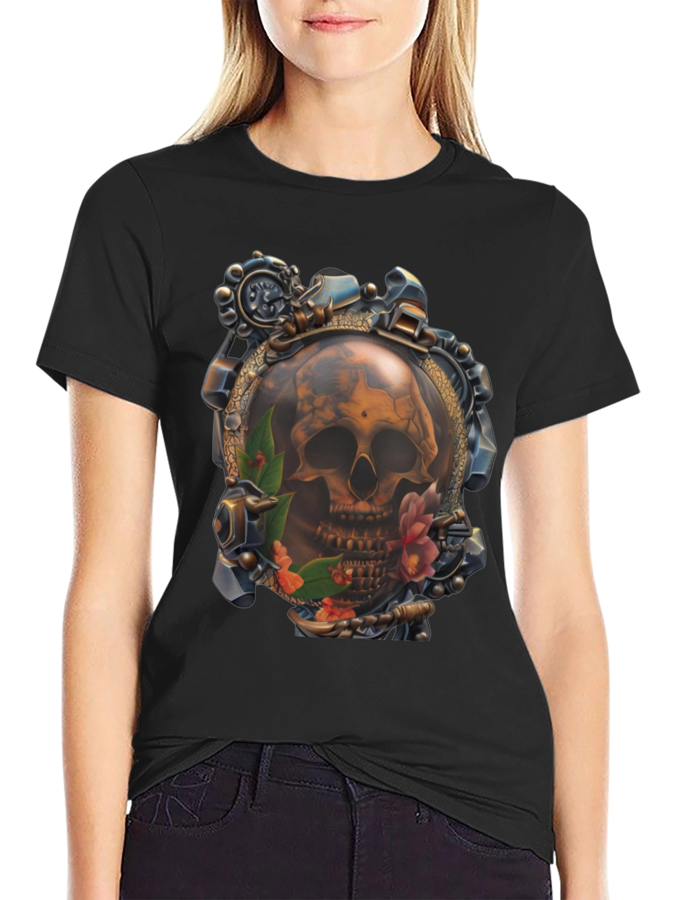 Black Steampunk Skull Graphic T-Shirt view 2