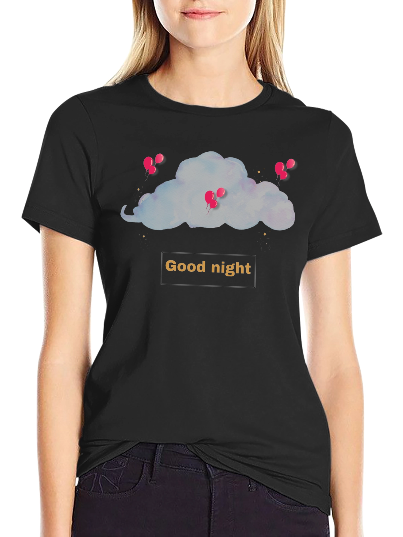 Black Good Night Cloud and Balloons Black T-shirt view 2
