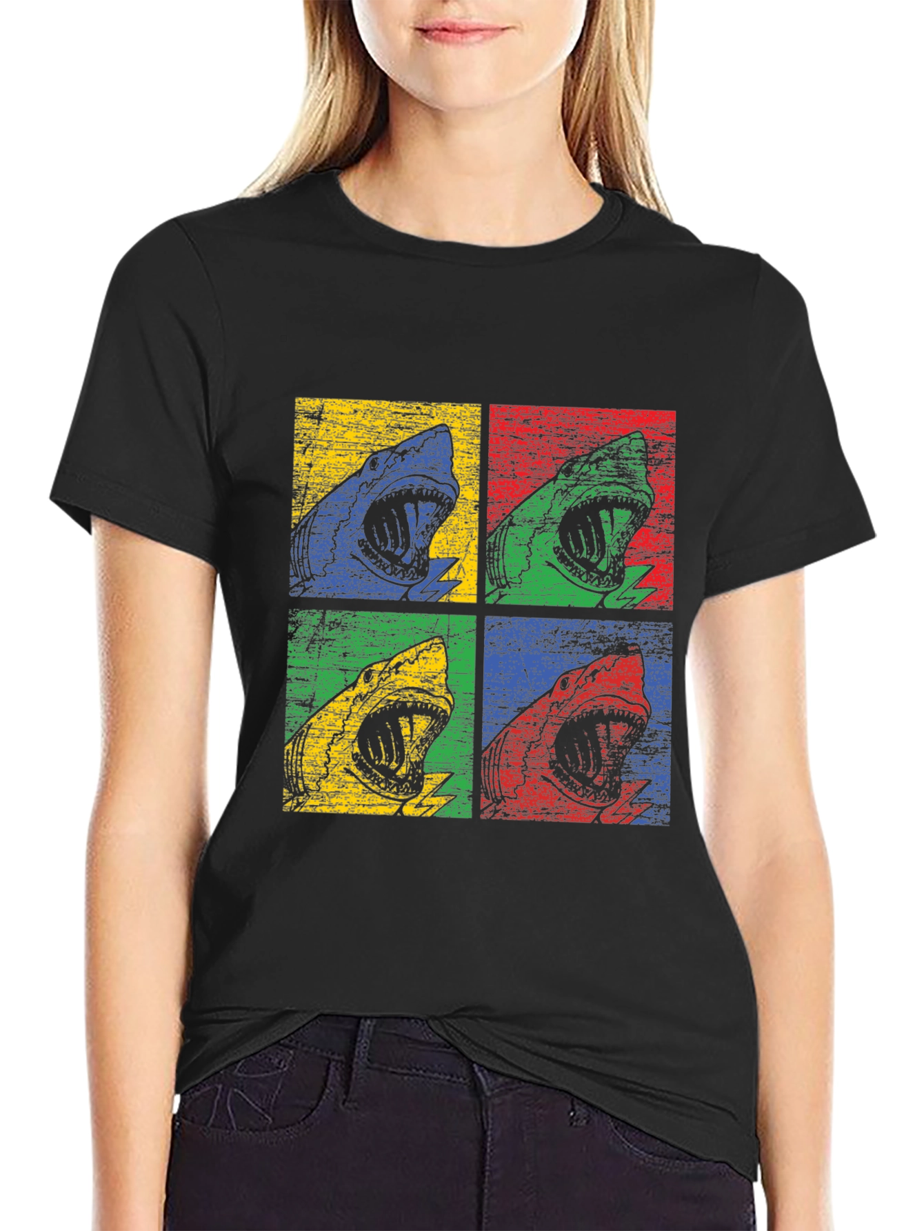 Black Shark Pop Art Graphic Print Black T-Shirt view 2