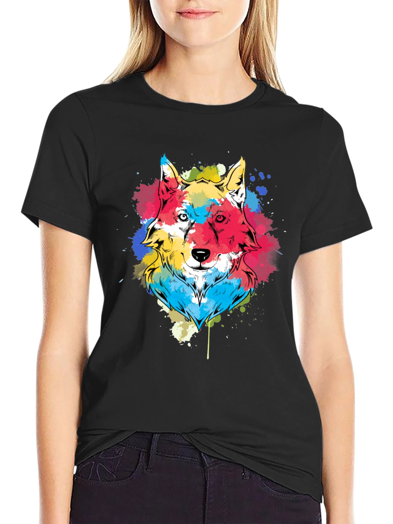 Black Colorful Wolf Graphic Tee - Black Cotton Blend view 2