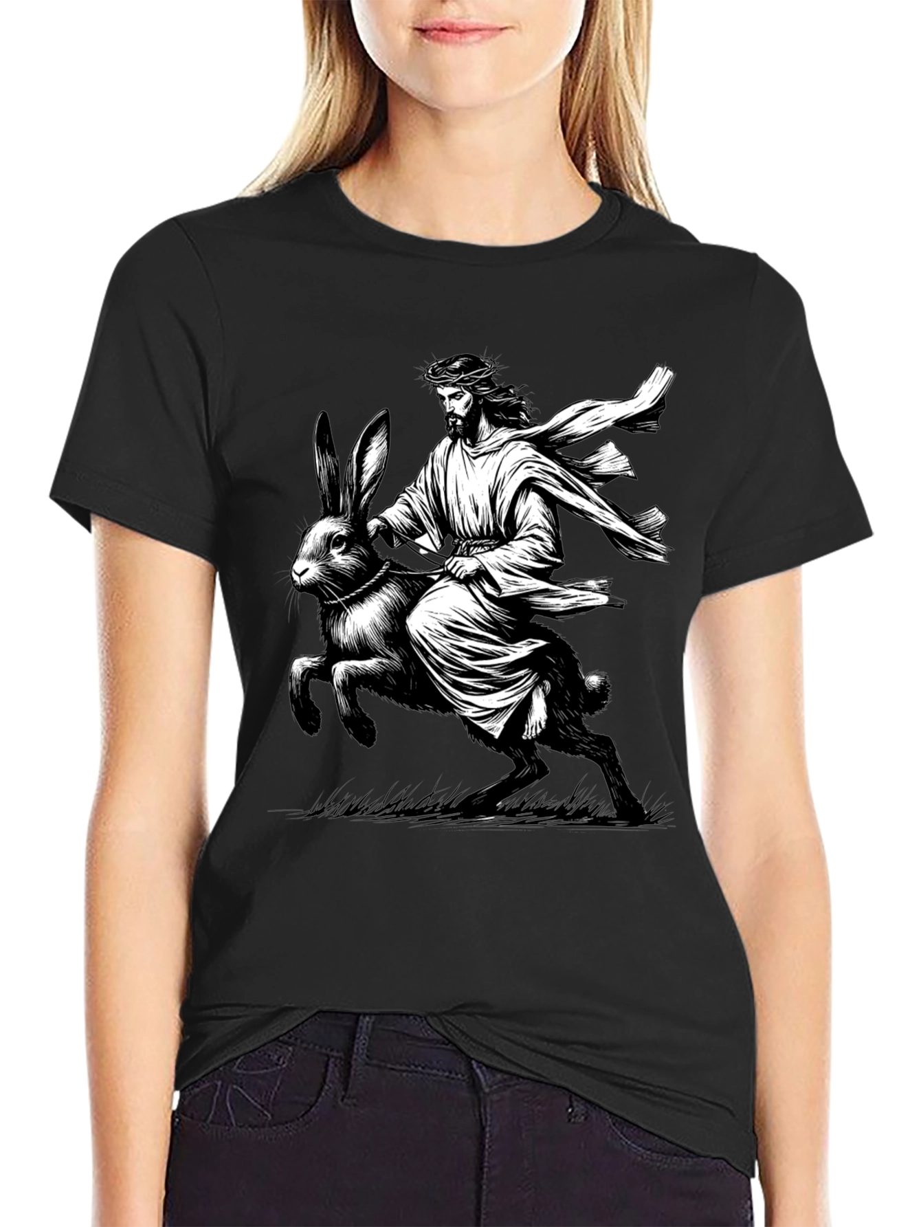 Black Jesus Riding Easter Bunny Graphic Tee view 2